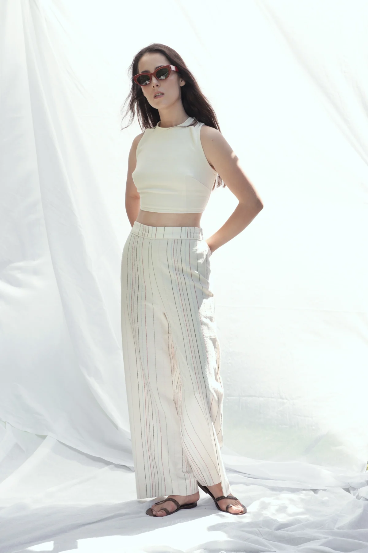 Naturel Renkli Çizgili Pantolon - BE OZ - Görsel 2