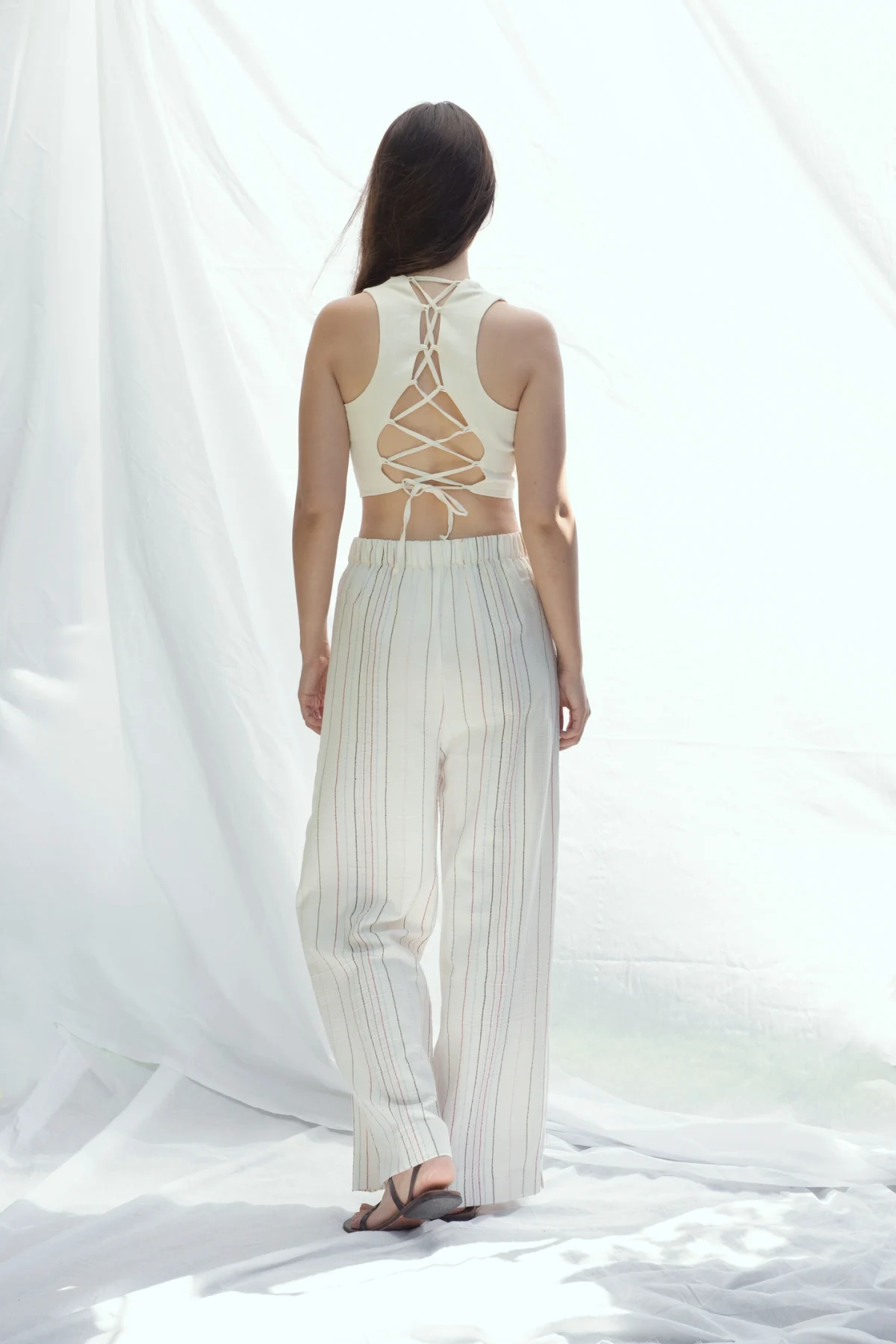 Naturel Renkli Çizgili Pantolon - BE OZ - Görsel 3