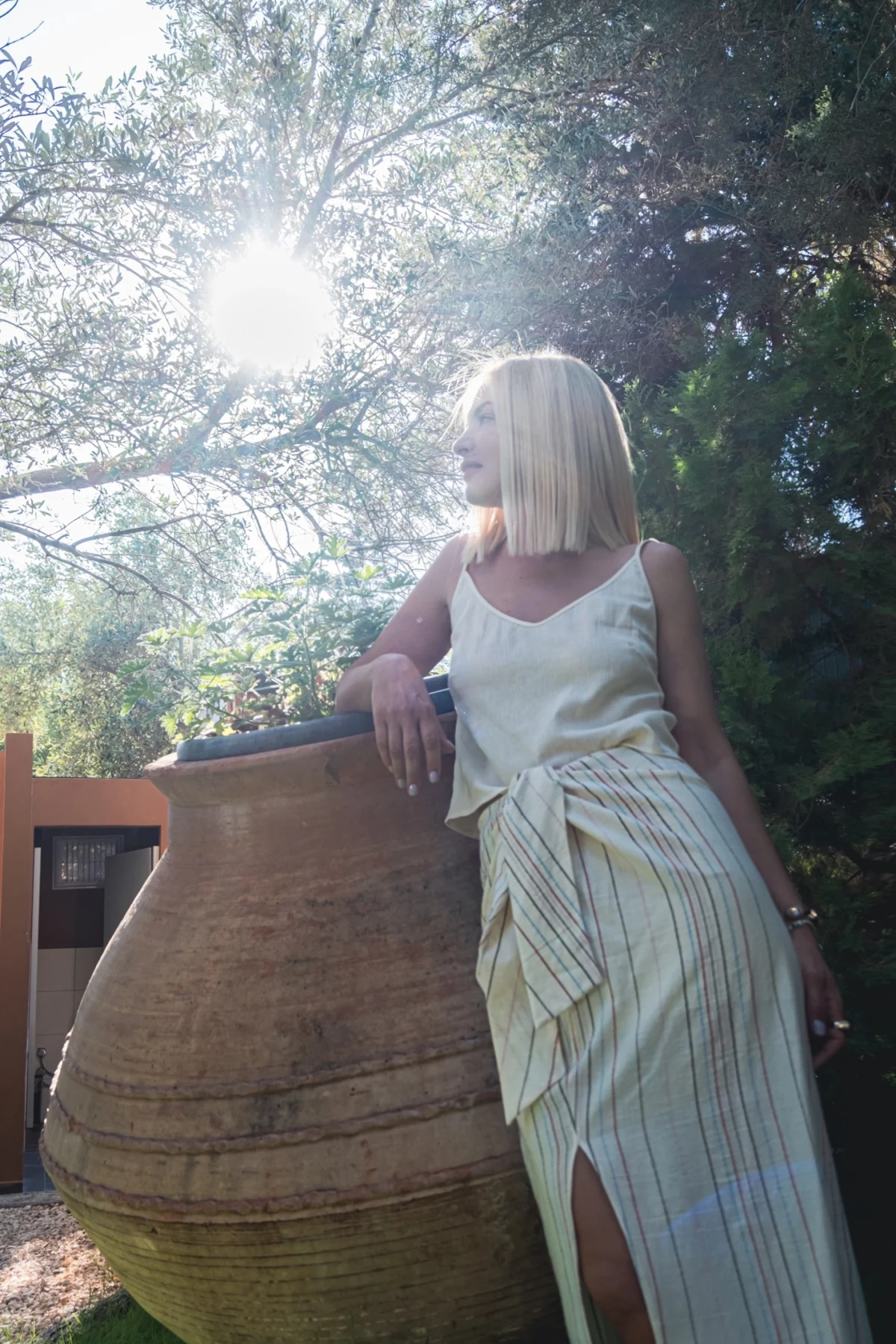 Aylin Naturel Renkli Çizgili Midi Etek - BE OZ - Görsel 2