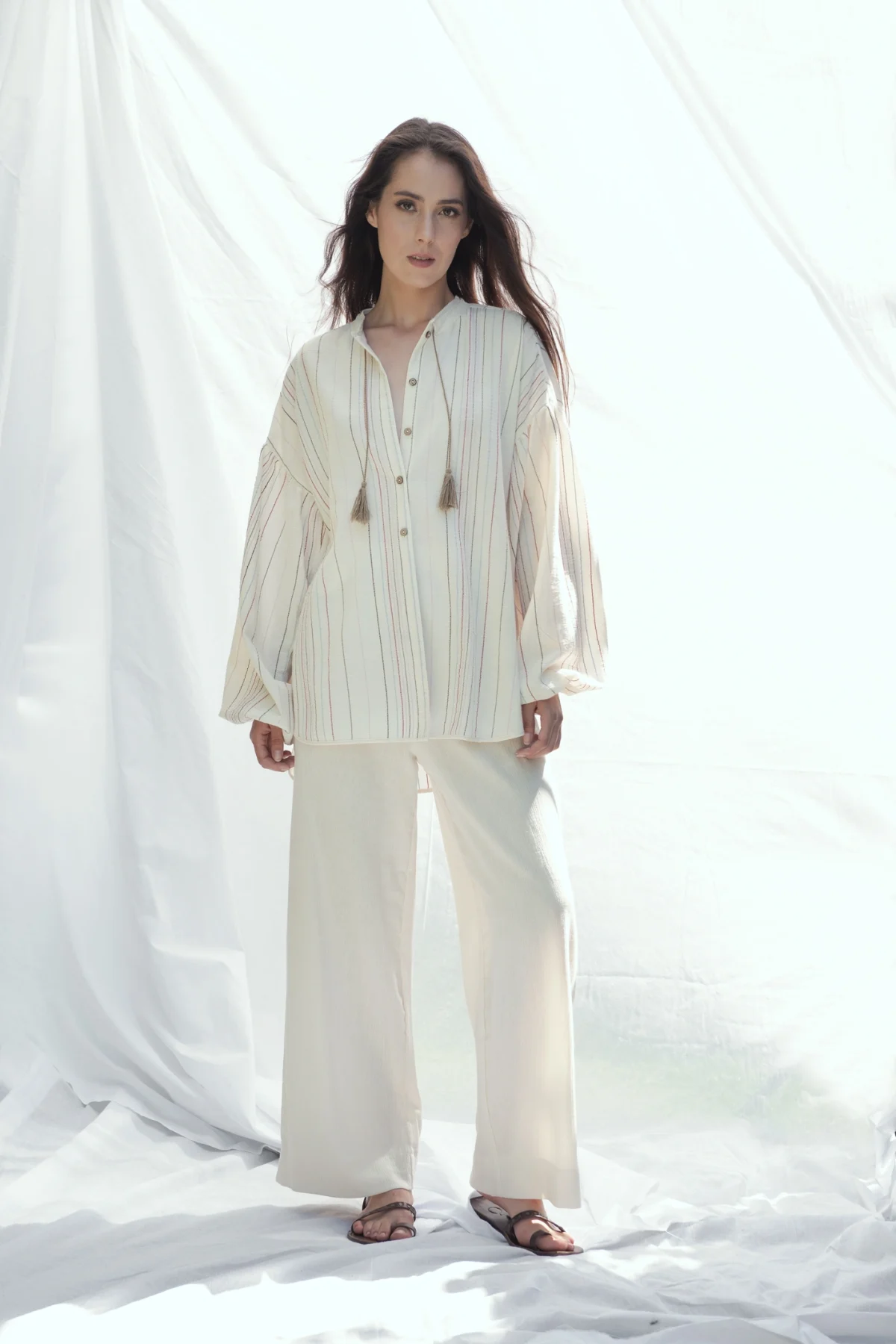 Naturel Renkli Çizgili Kısa Gömlek Kaftan - BE OZ - Görsel 3