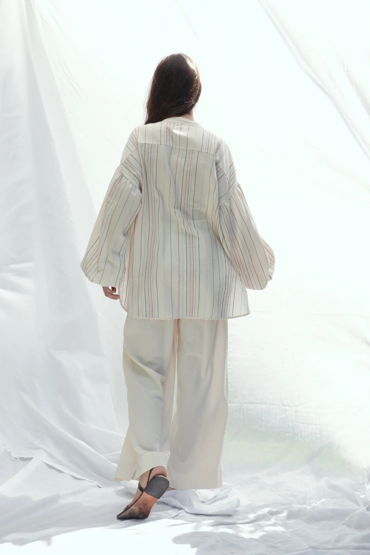 Naturel Renkli Çizgili Kısa Gömlek Kaftan - BE OZ - Görsel 2