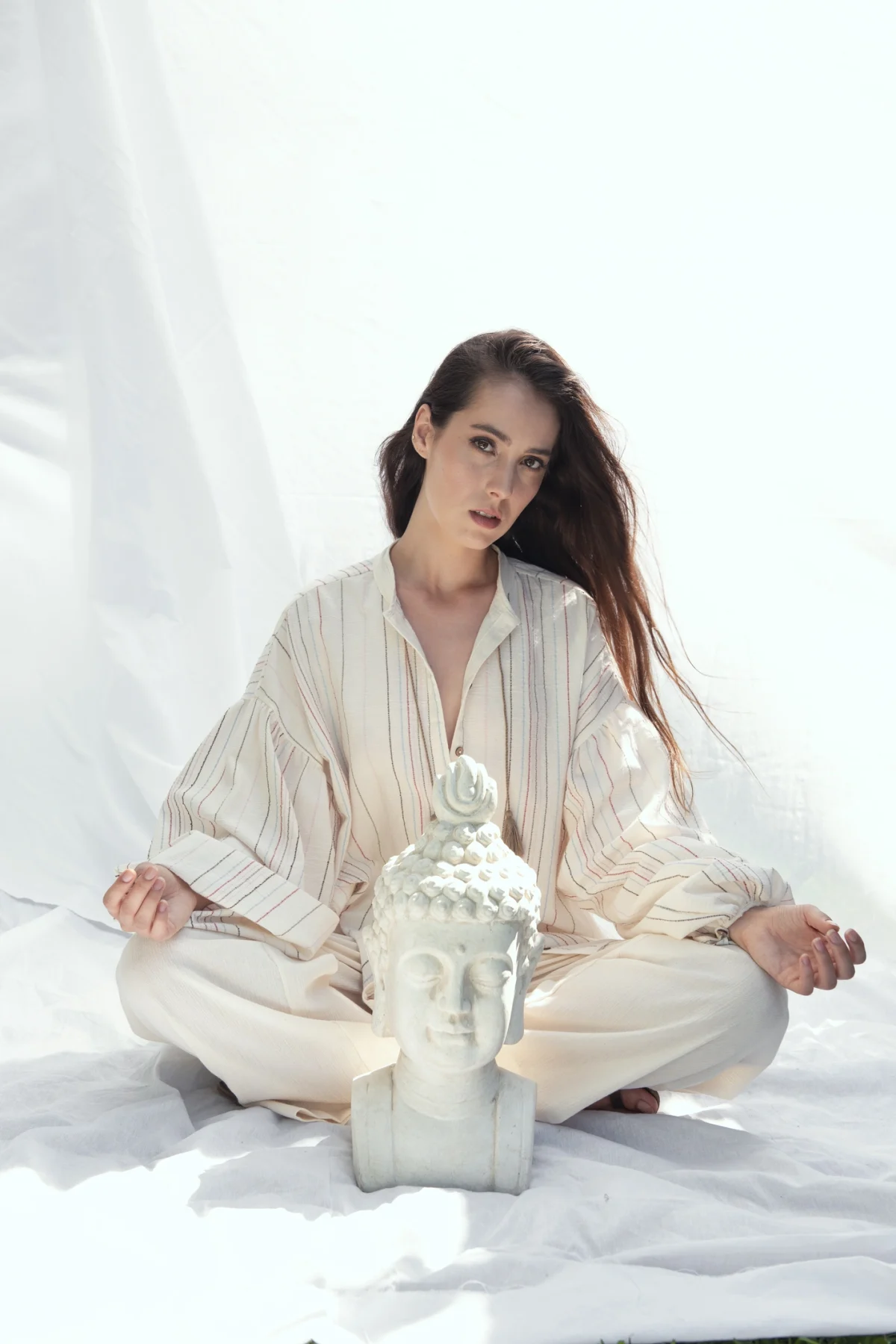 Naturel Renkli Çizgili Kısa Gömlek Kaftan - BE OZ - Görsel 5