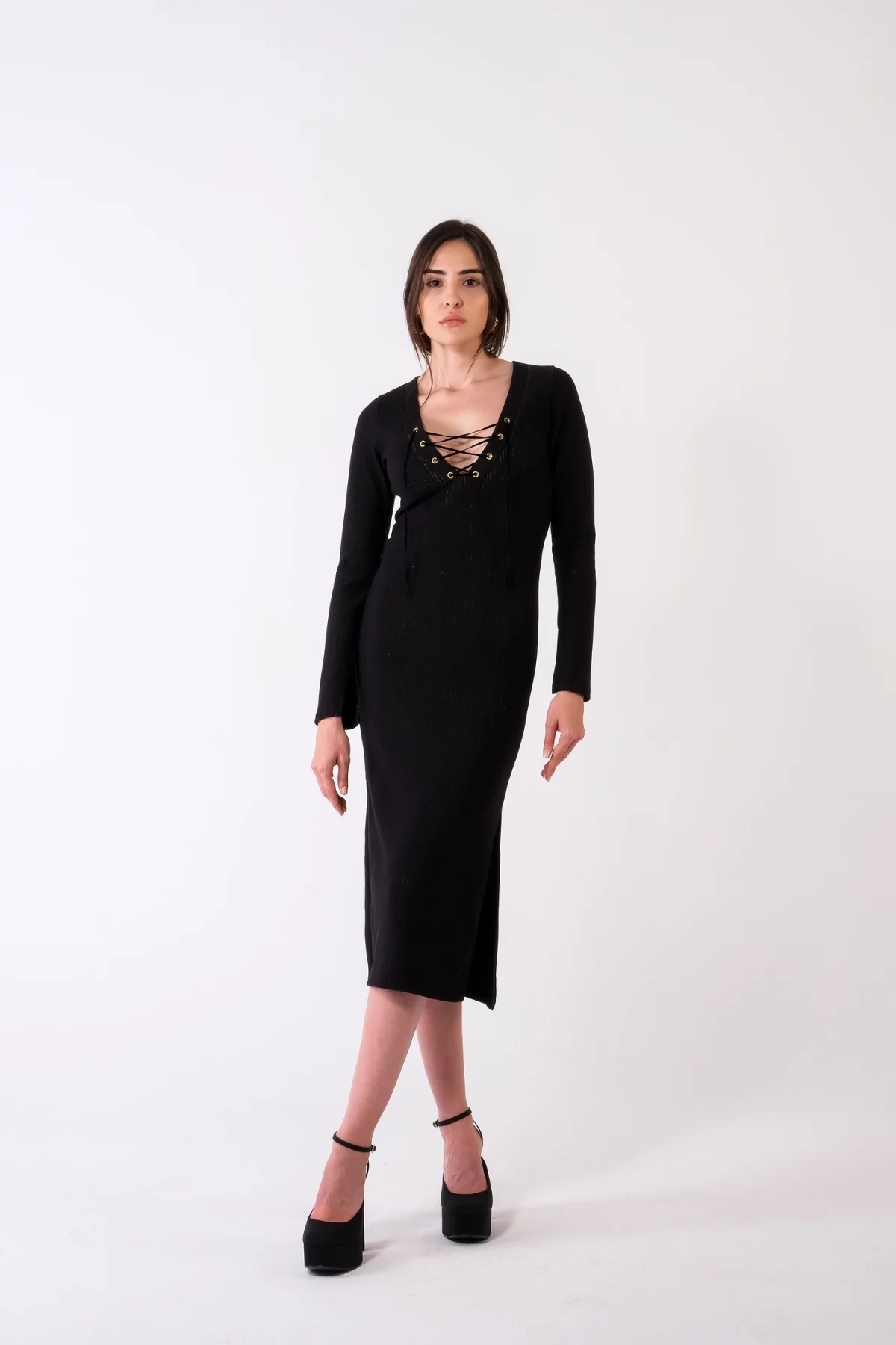 Kuşgözlü Gold Çizgili Siyah Elbise - BE OZ - Görsel 2