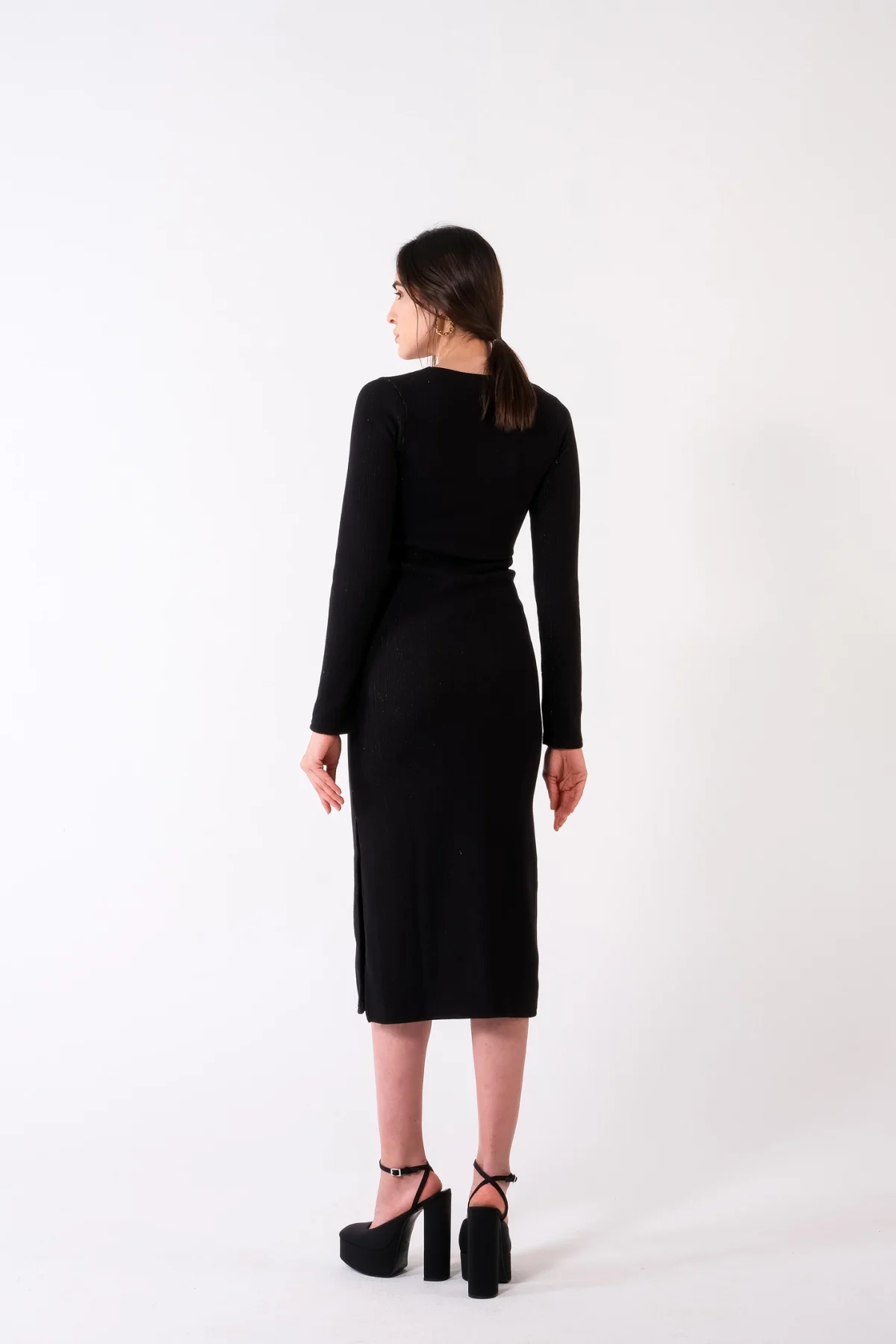 Kuşgözlü Gold Çizgili Siyah Elbise - BE OZ - Görsel 3