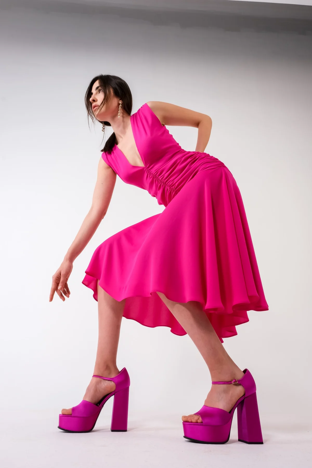 Monroe Drapeli Siyah Midi Elbise - BE OZ - Görsel 9