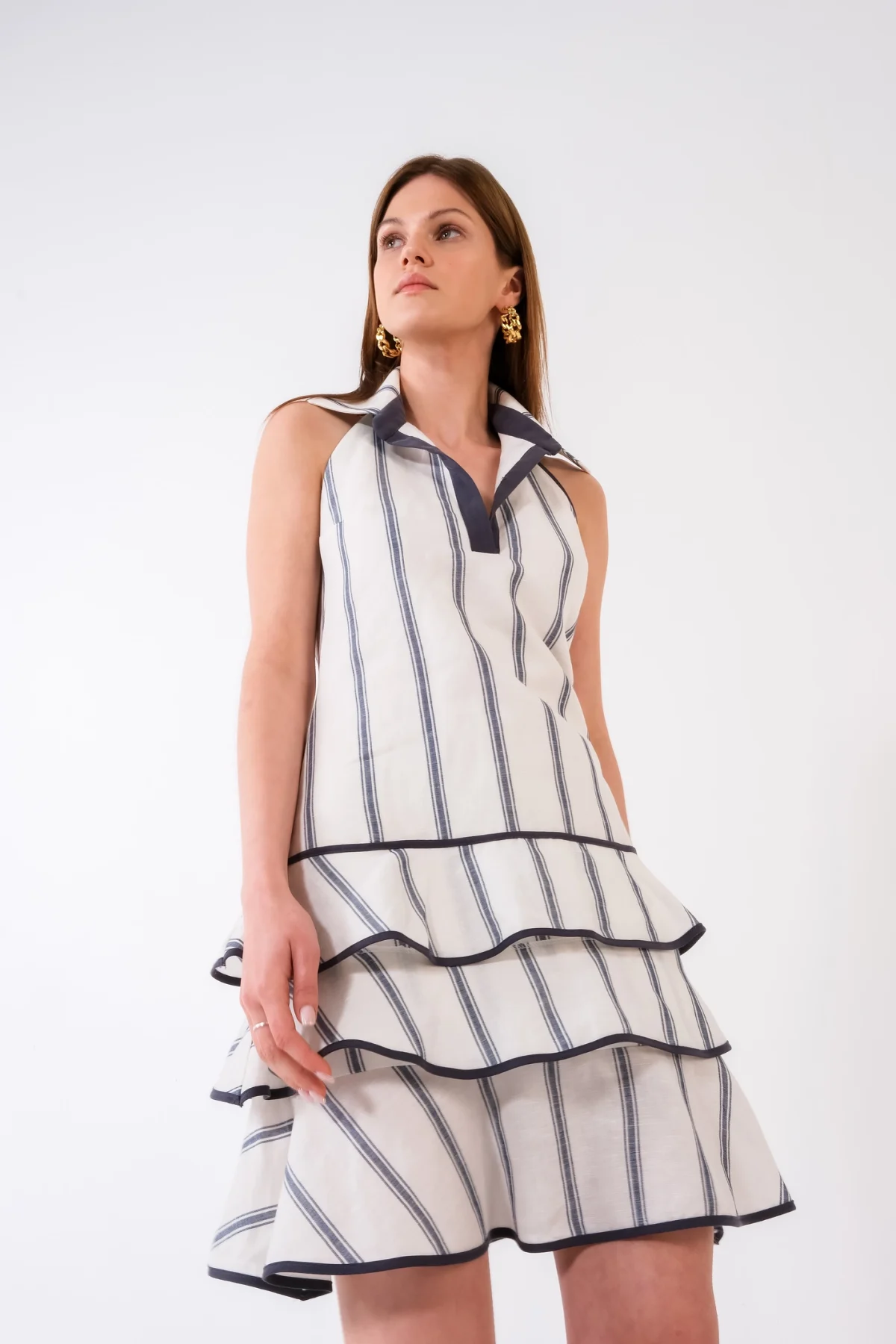 Marine Çizgili Gömlek Yaka Elbise - BE OZ - Görsel 2