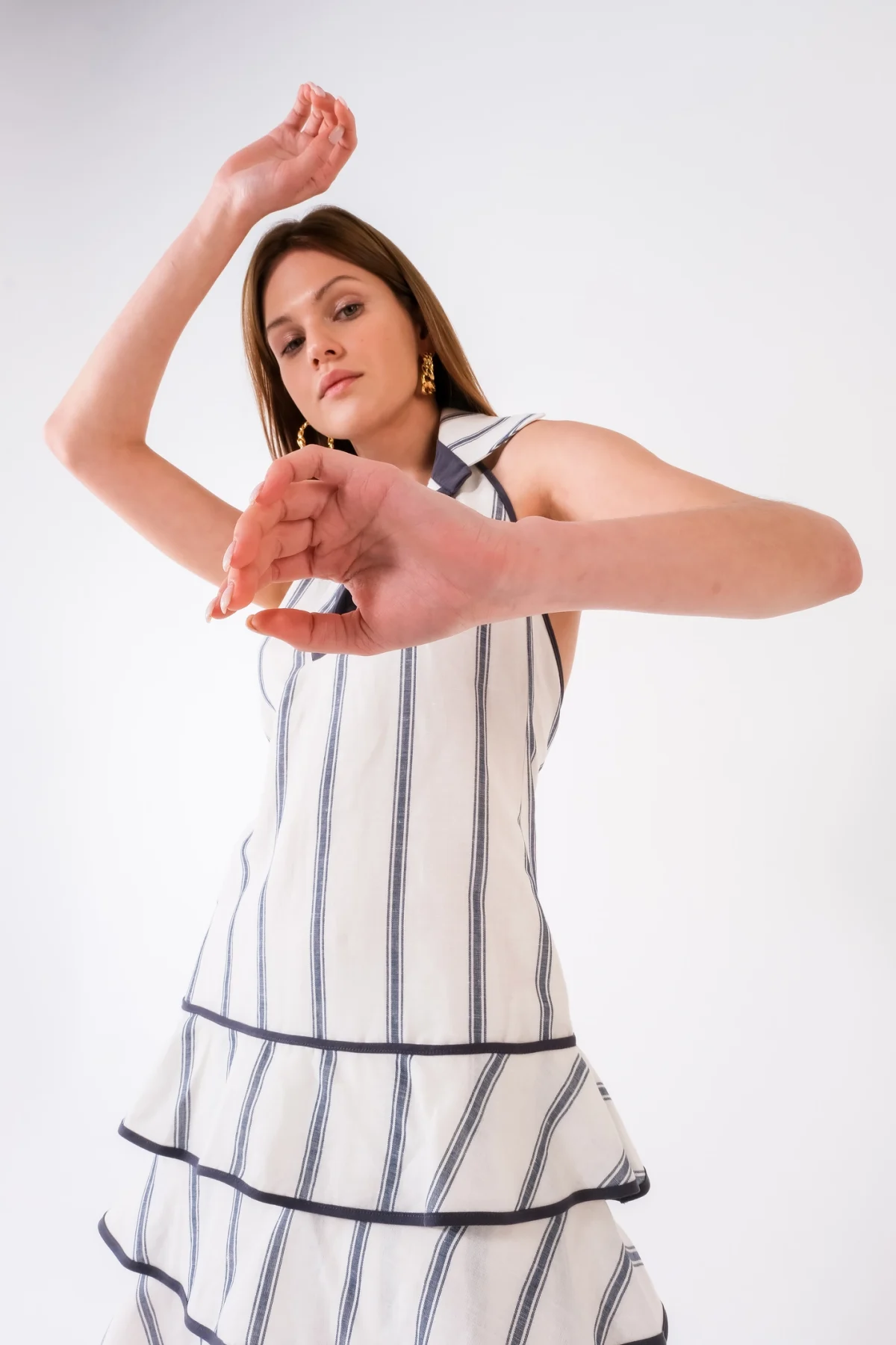 Marine Çizgili Gömlek Yaka Elbise - BE OZ - Görsel 6