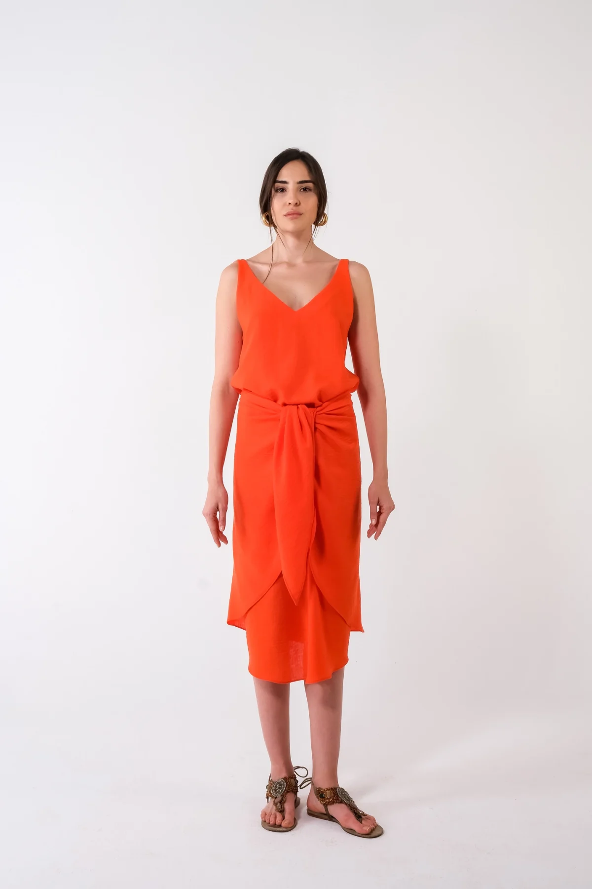 Önden Bağlamalı Turuncu Elbise - BE OZ - Görsel 2