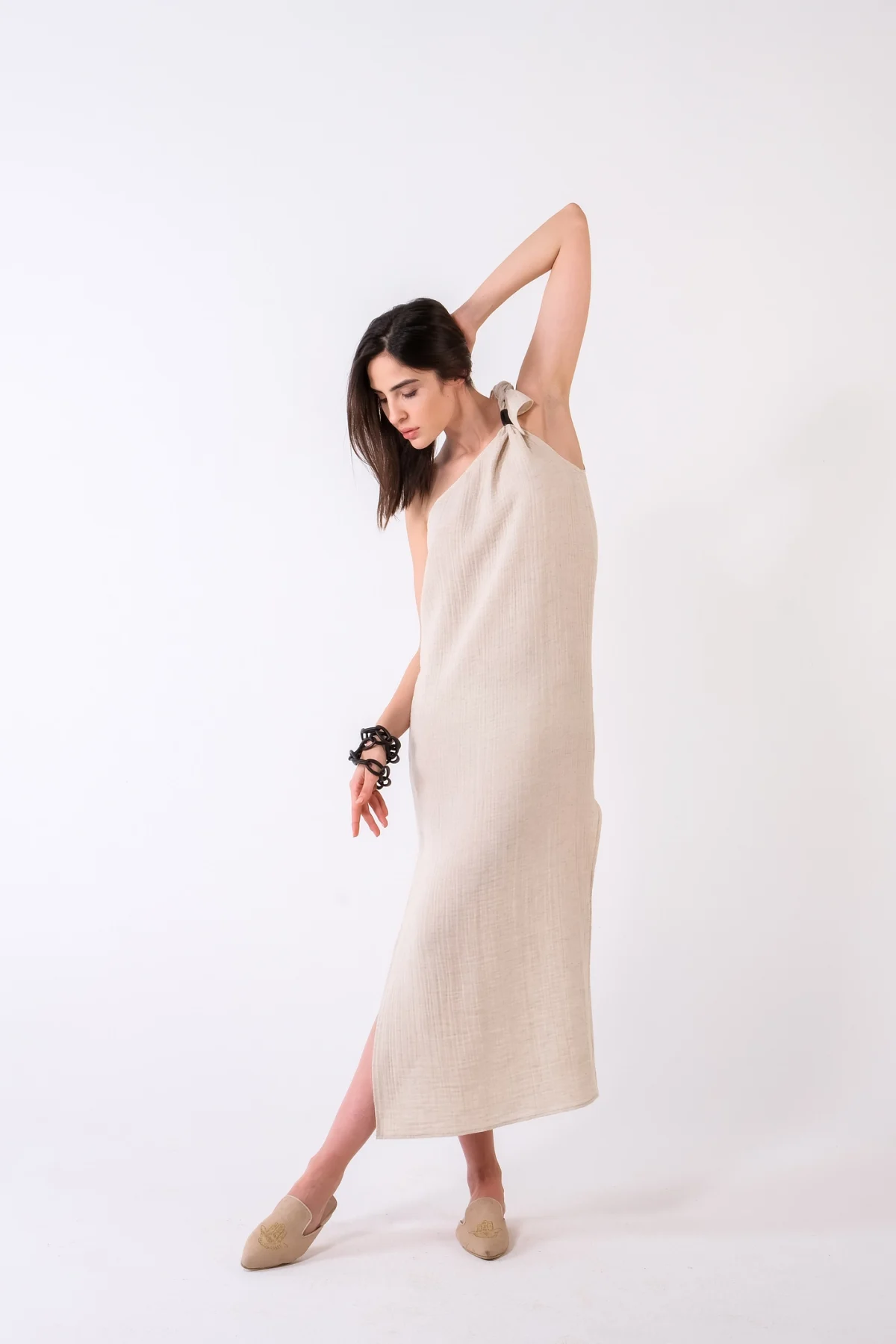 Tek Omuz Naturel Müslin Elbise - BE OZ - Görsel 4