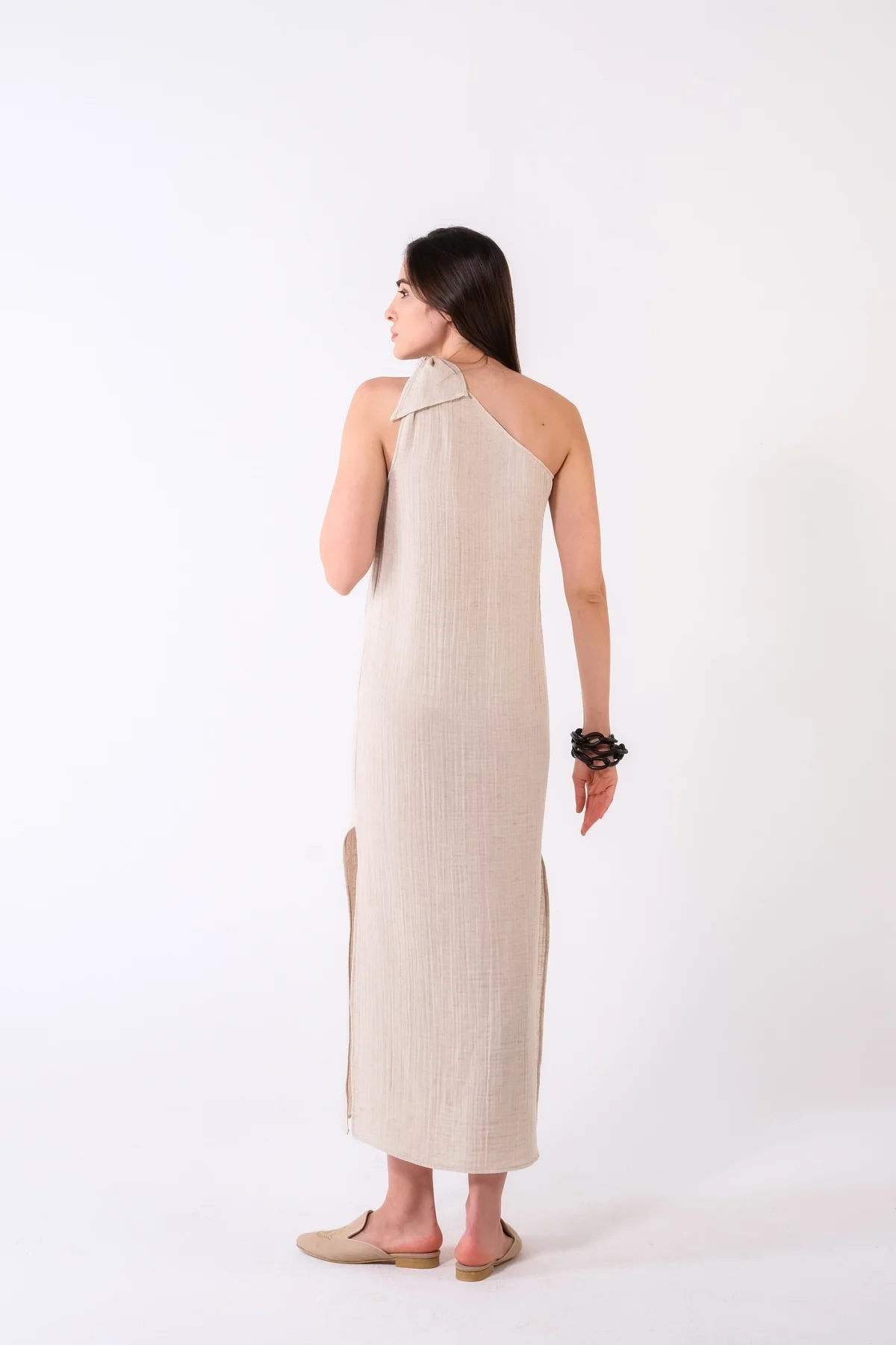 Tek Omuz Naturel Müslin Elbise - BE OZ - Görsel 2