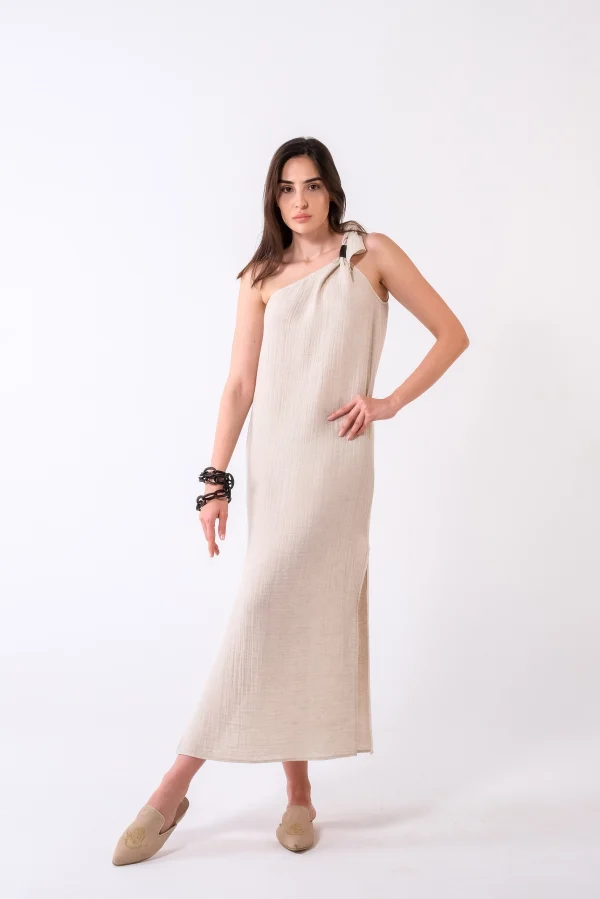Tek Omuz Naturel Müslin Elbise - BE OZ