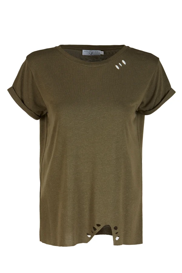 Kesikli Kısa Kol Haki Basic T-shirt - BE OZ