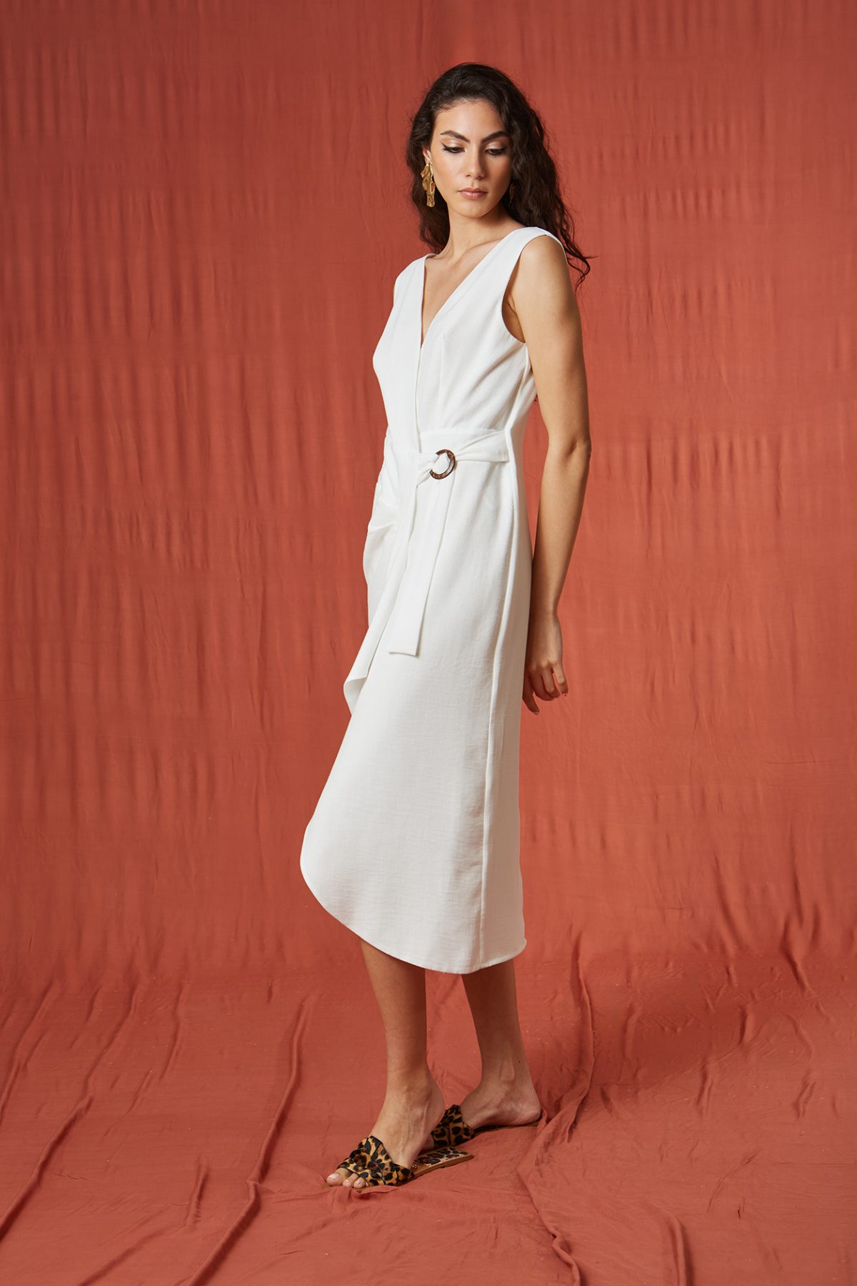 Vera Kruvaze Bağlamalı Midi Beyaz Elbise - BE OZ - Görsel 4