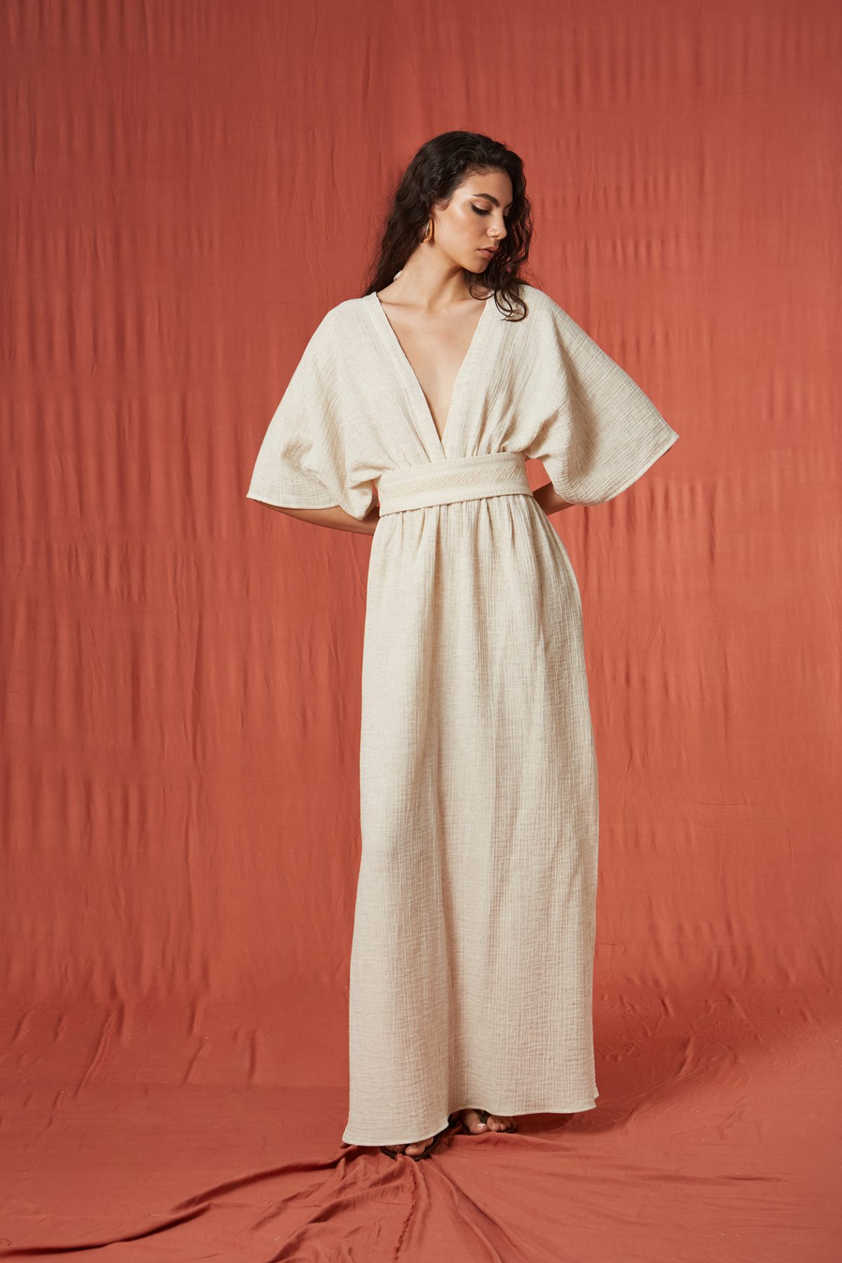 Yarasa Kol Müslin Bej Elbise - BE OZ - Görsel 3