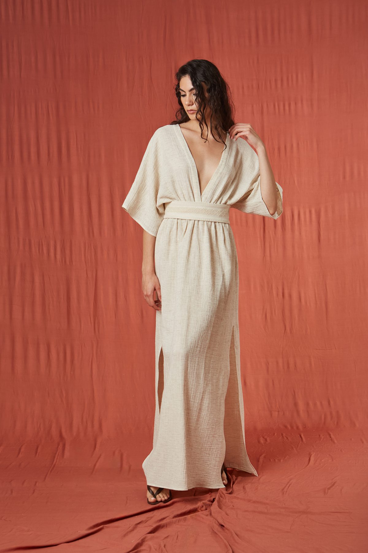 Yarasa Kol Müslin Bej Elbise - BE OZ - Görsel 6