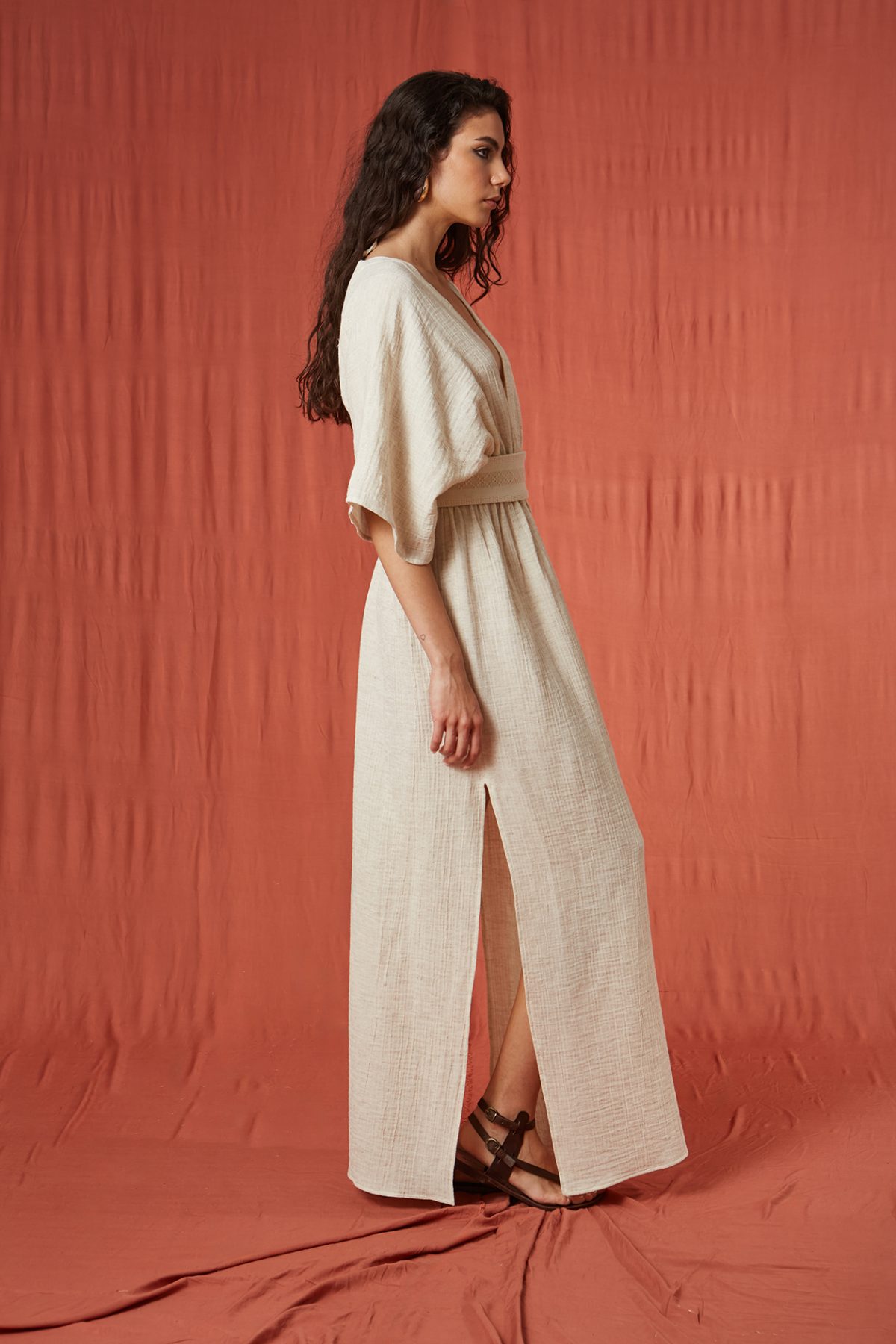 Yarasa Kol Müslin Bej Elbise - BE OZ - Görsel 5