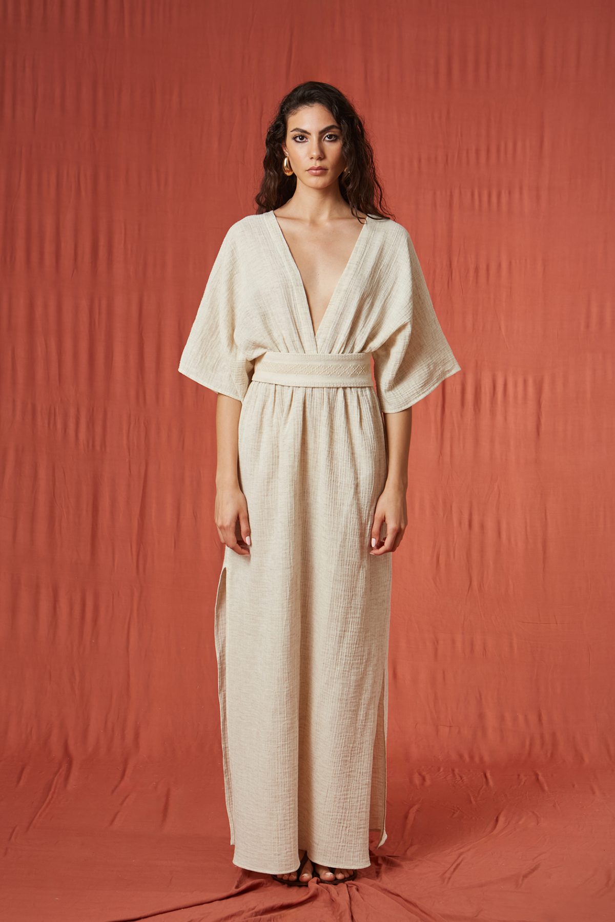 Yarasa Kol Müslin Bej Elbise - BE OZ - Görsel 4