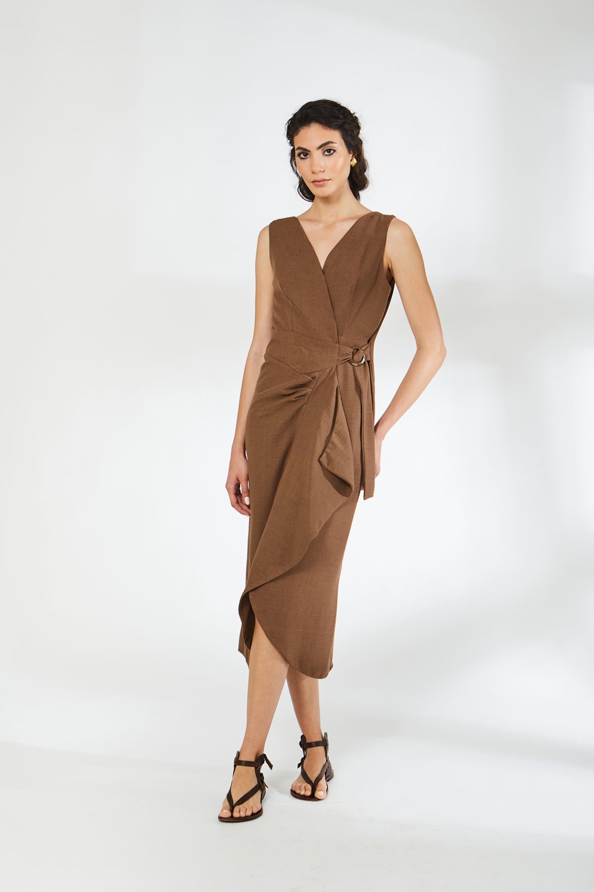 Vera Kruvaze Bağlamalı Kahve Midi Elbise - BE OZ - Görsel 1