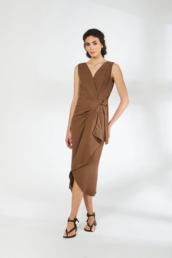 Vera Kruvaze Bağlamalı Kahve Midi Elbise - BE OZ