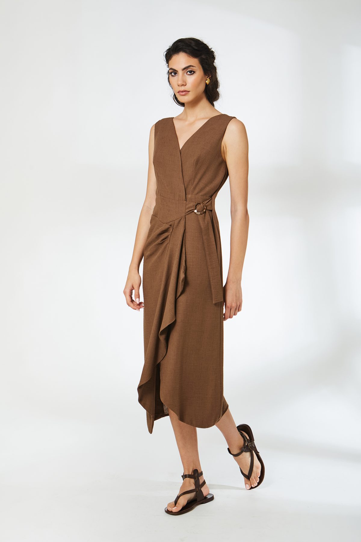 Vera Kruvaze Bağlamalı Kahve Midi Elbise - BE OZ - Görsel 2