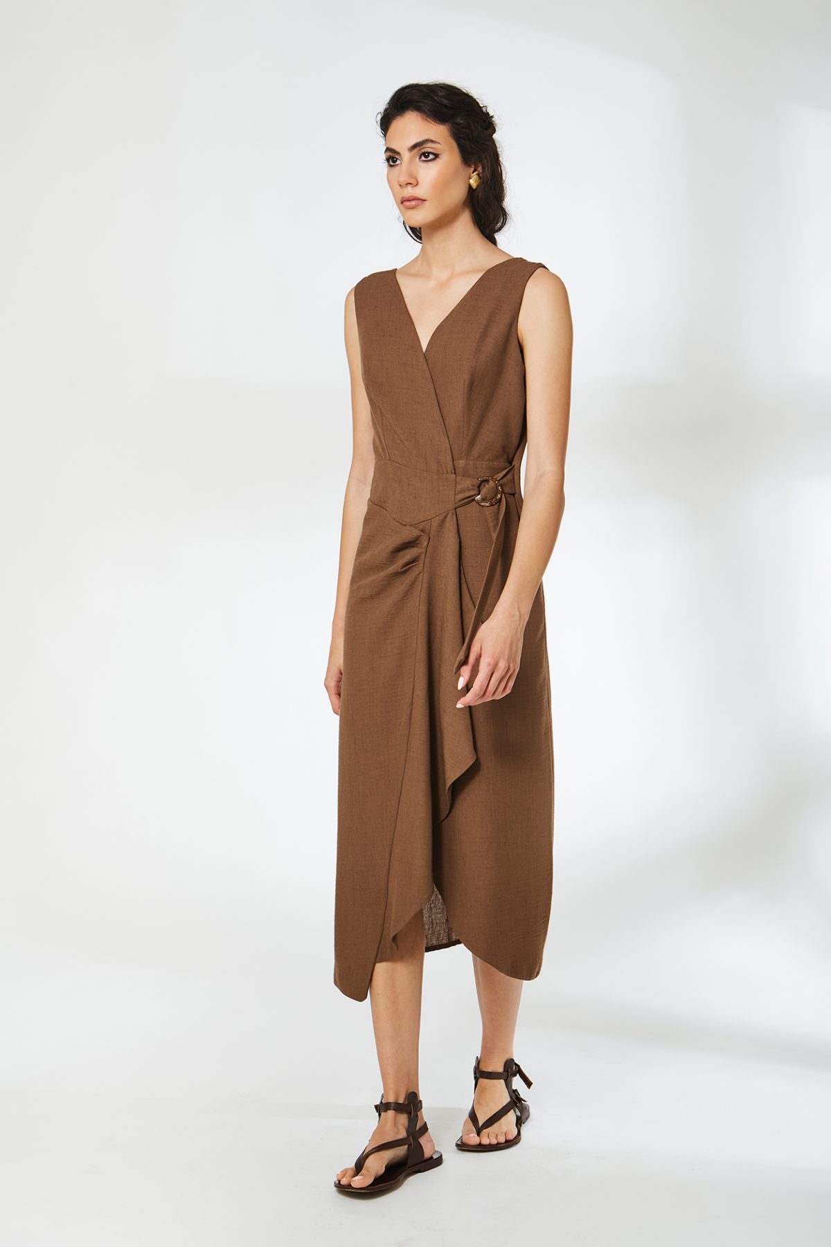 Vera Kruvaze Bağlamalı Kahve Midi Elbise - BE OZ - Görsel 3