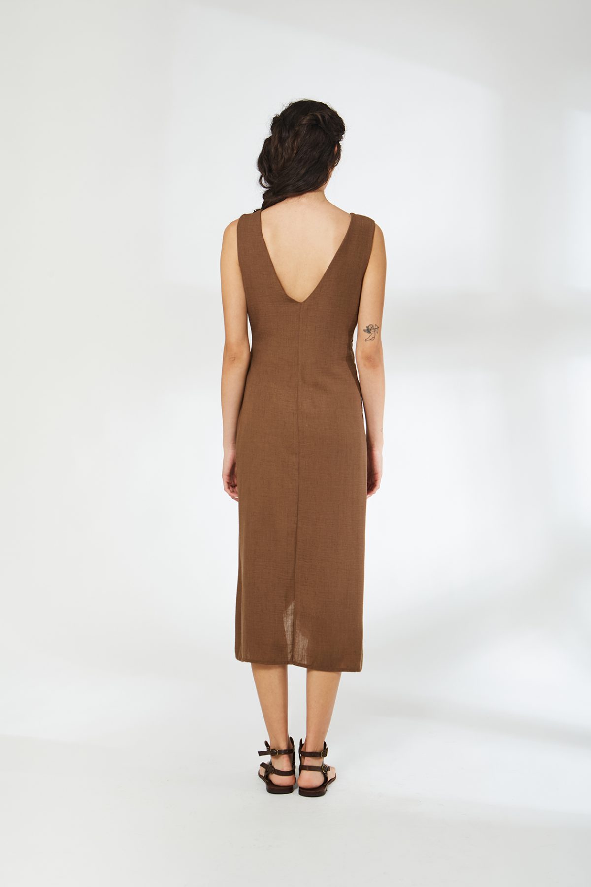 Vera Kruvaze Bağlamalı Kahve Midi Elbise - BE OZ - Görsel 4