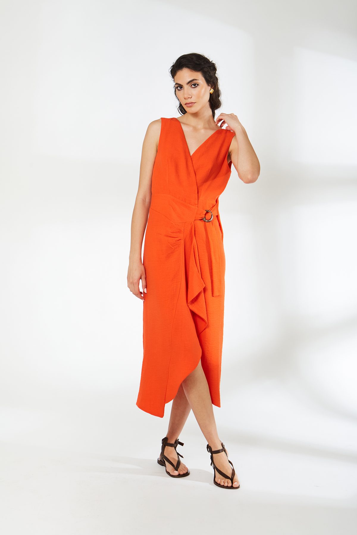 Vera Kruvaze Bağlamalı Turuncu Elbise - BE OZ - Görsel 3
