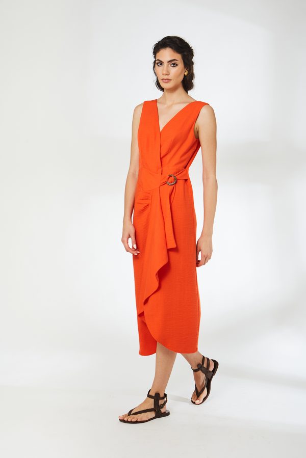 Vera Kruvaze Bağlamalı Turuncu Elbise - BE OZ
