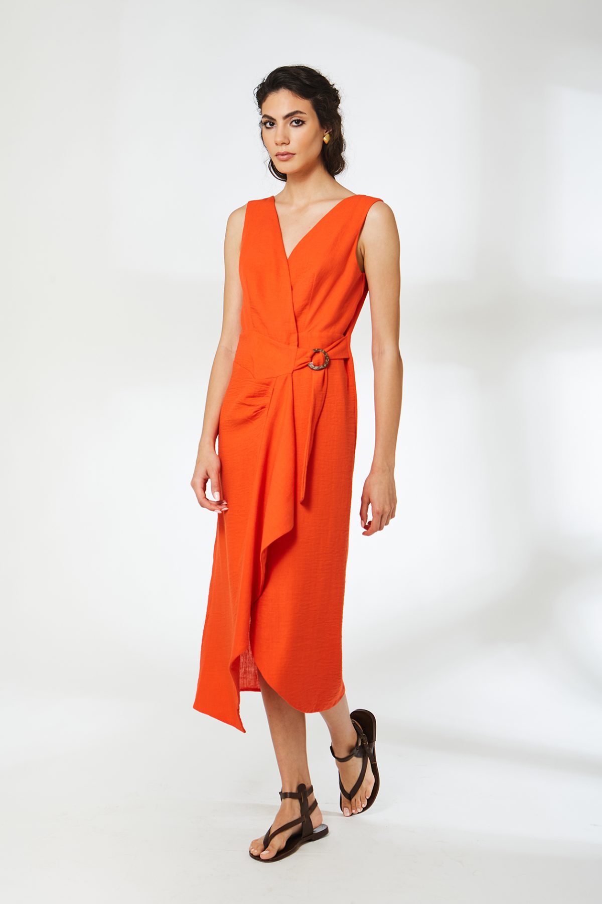 Vera Kruvaze Bağlamalı Turuncu Elbise - BE OZ - Görsel 4