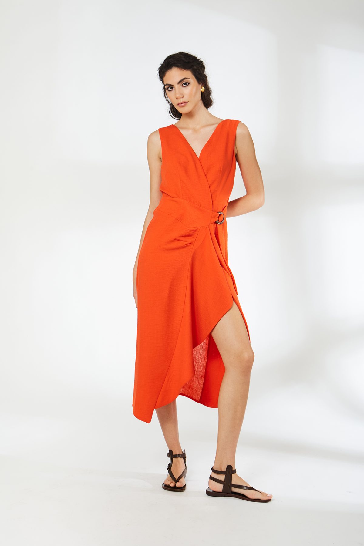 Vera Kruvaze Bağlamalı Turuncu Elbise - BE OZ - Görsel 5