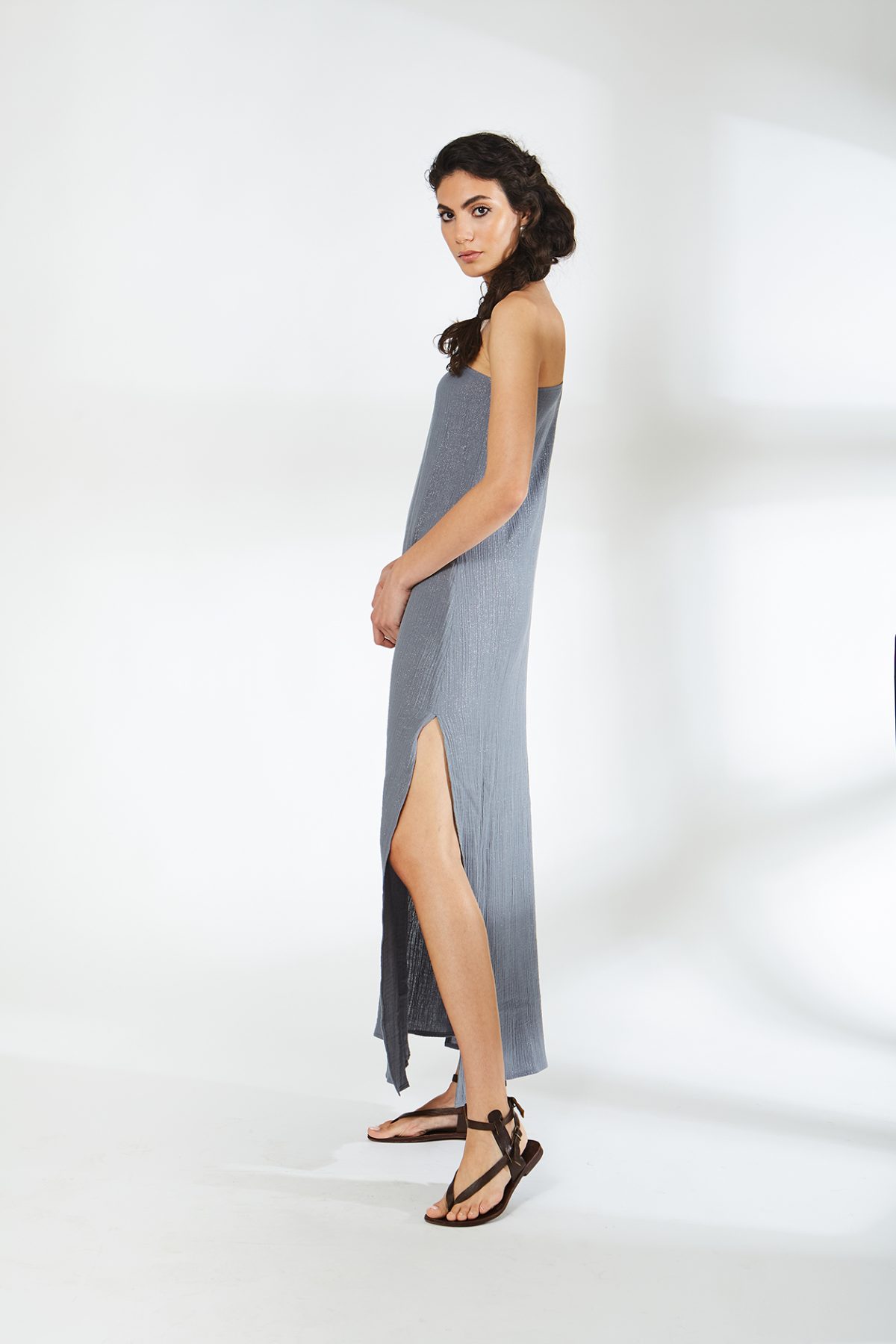 Tek Omuz Müslin Gri Elbise - BE OZ - Görsel 2