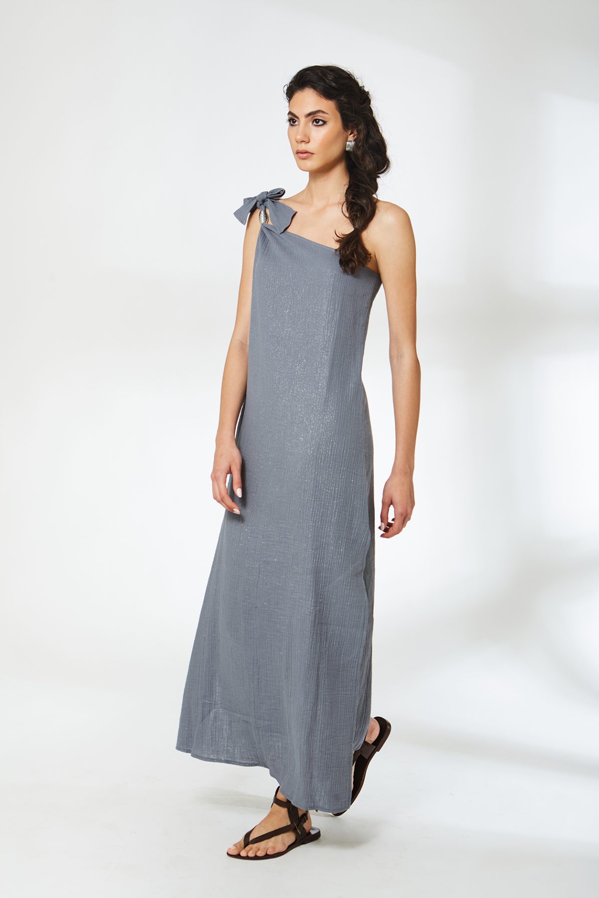 Tek Omuz Müslin Gri Elbise - BE OZ - Görsel 3