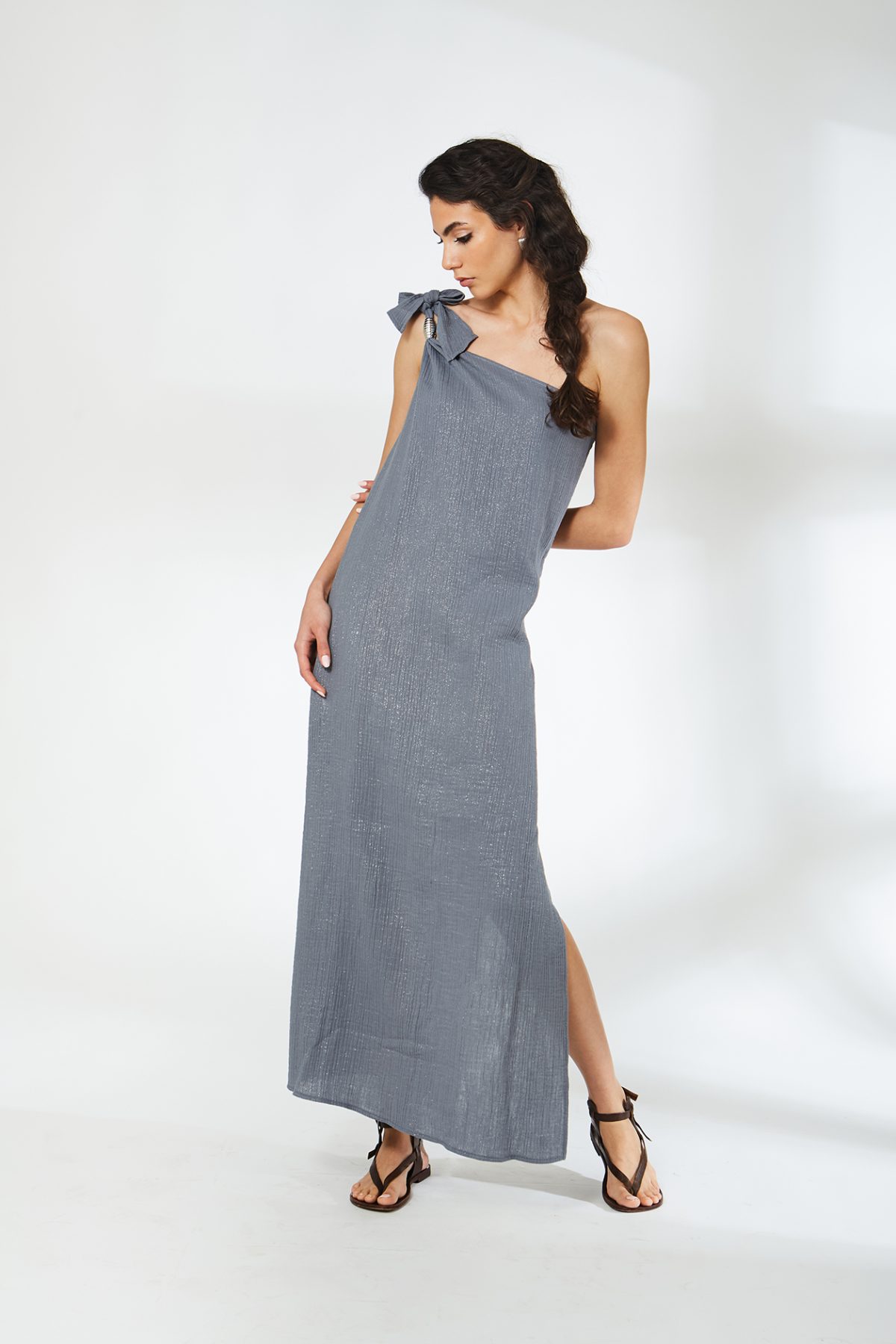 Tek Omuz Müslin Gri Elbise - BE OZ - Görsel 4