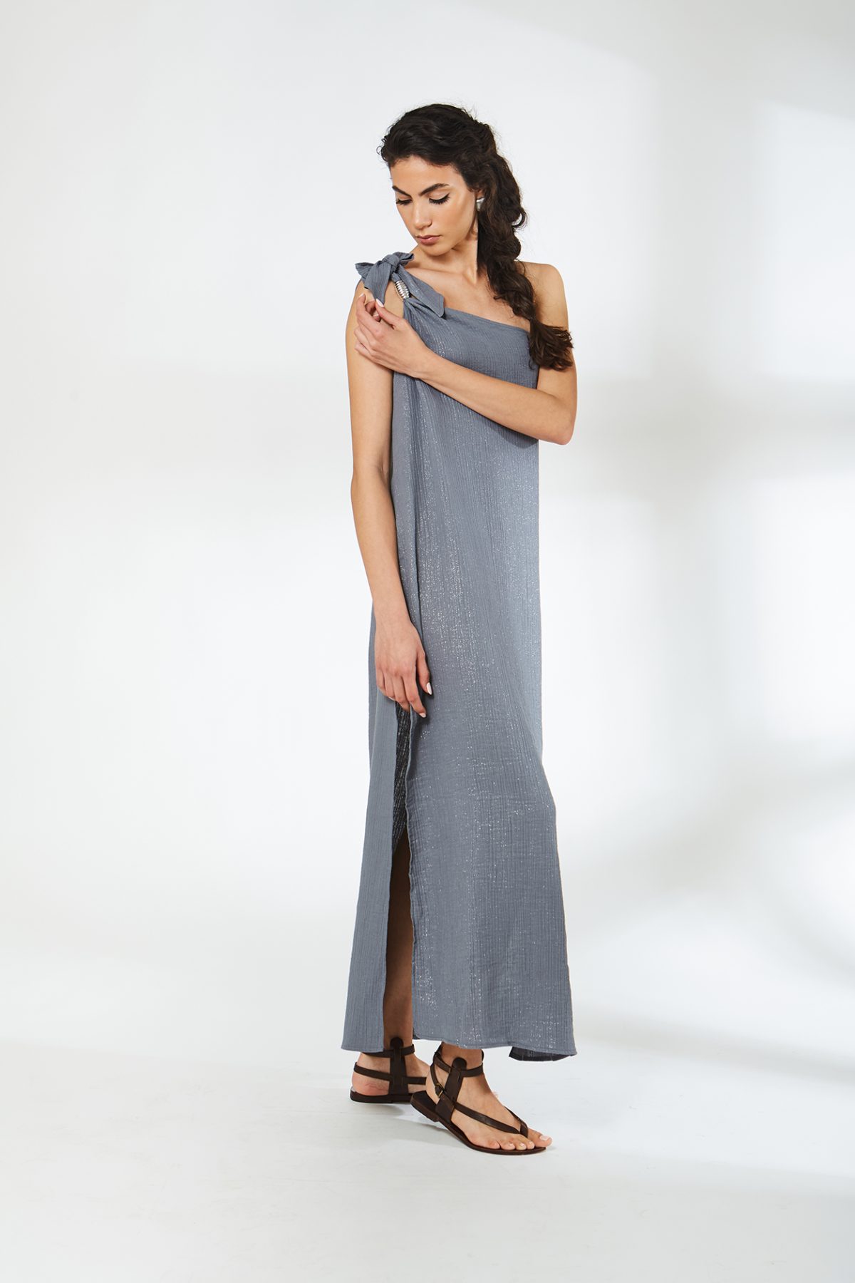 Tek Omuz Müslin Gri Elbise - BE OZ - Görsel 5