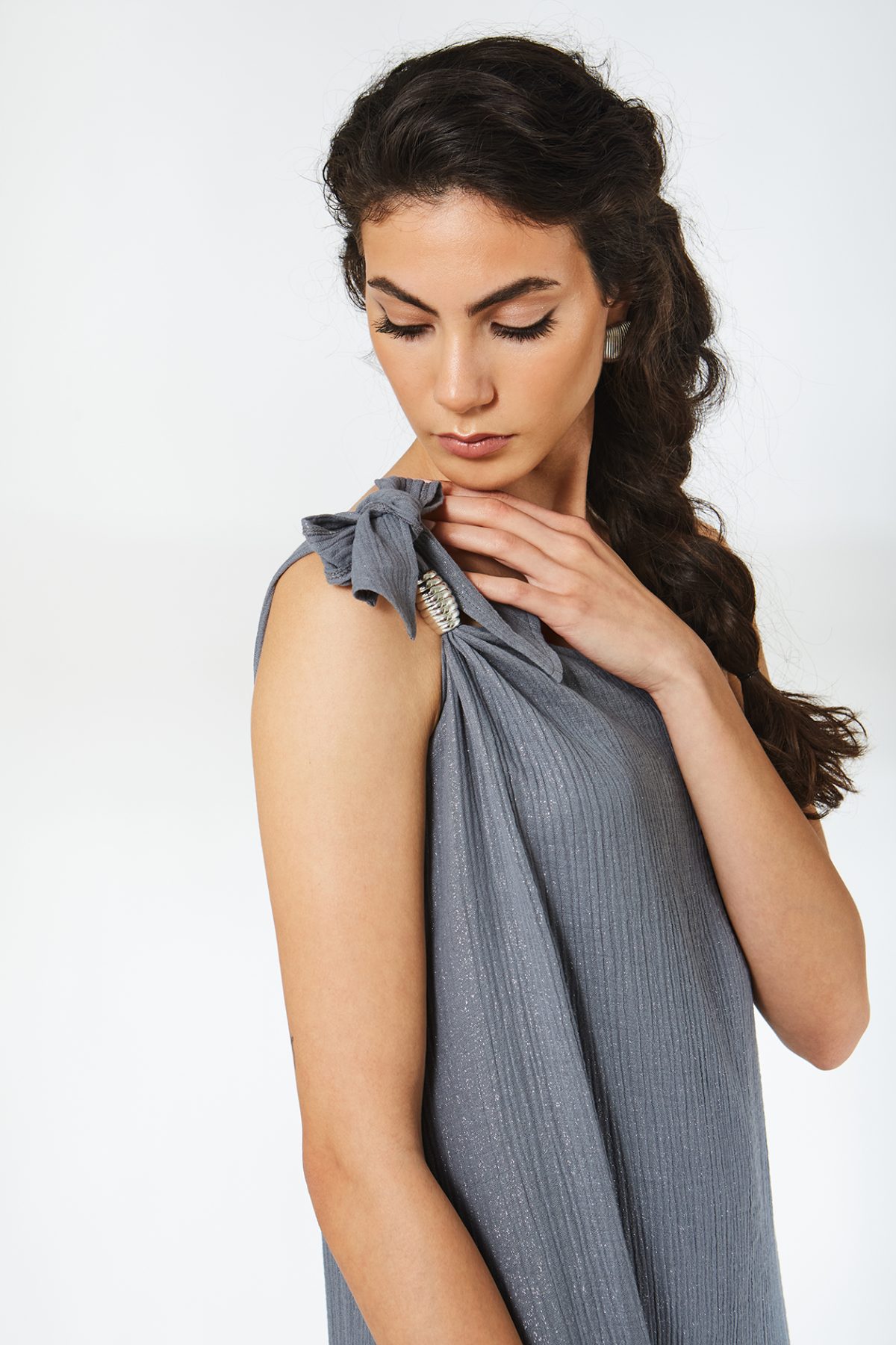 Tek Omuz Müslin Gri Elbise - BE OZ - Görsel 6
