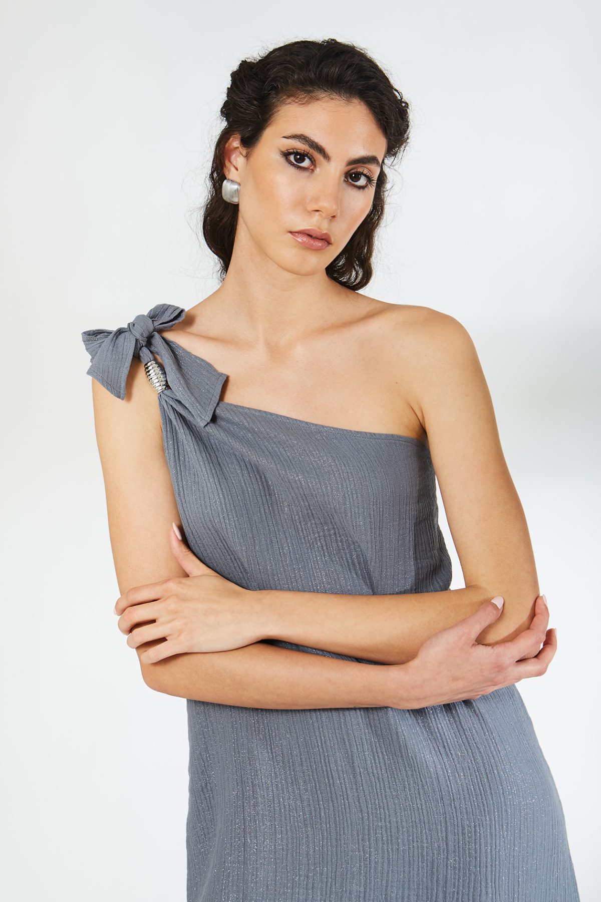 Tek Omuz Müslin Gri Elbise - BE OZ - Görsel 7
