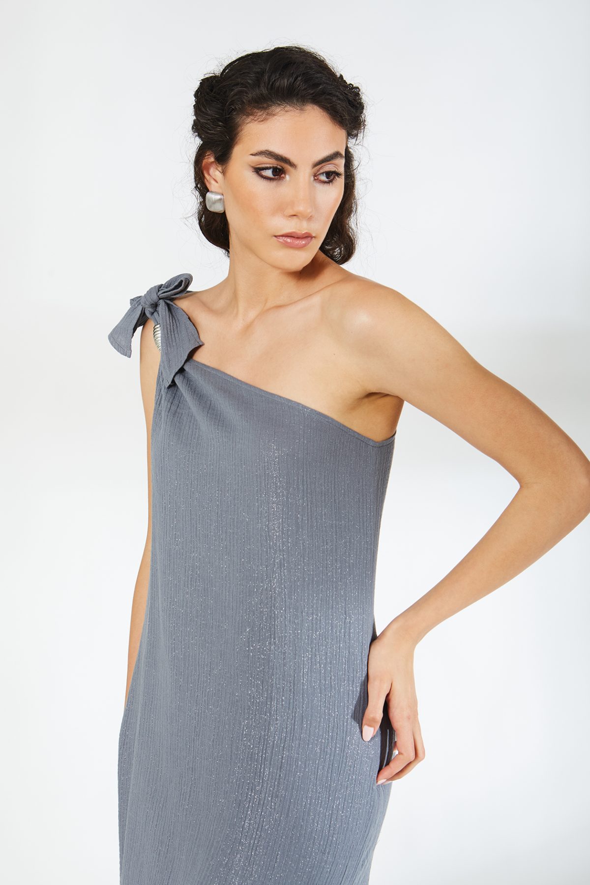 Tek Omuz Müslin Gri Elbise - BE OZ - Görsel 8