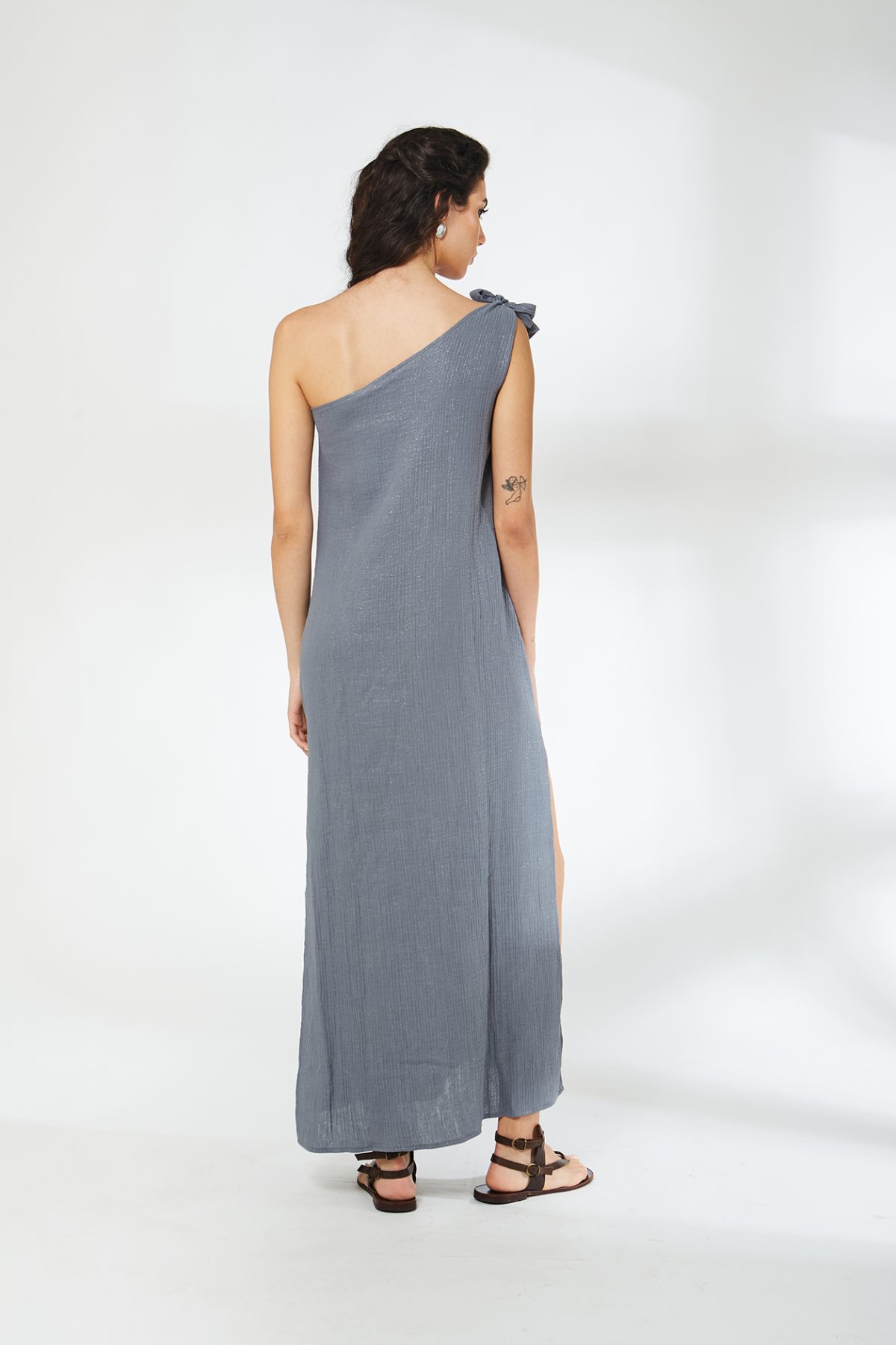 Tek Omuz Müslin Gri Elbise - BE OZ - Görsel 9