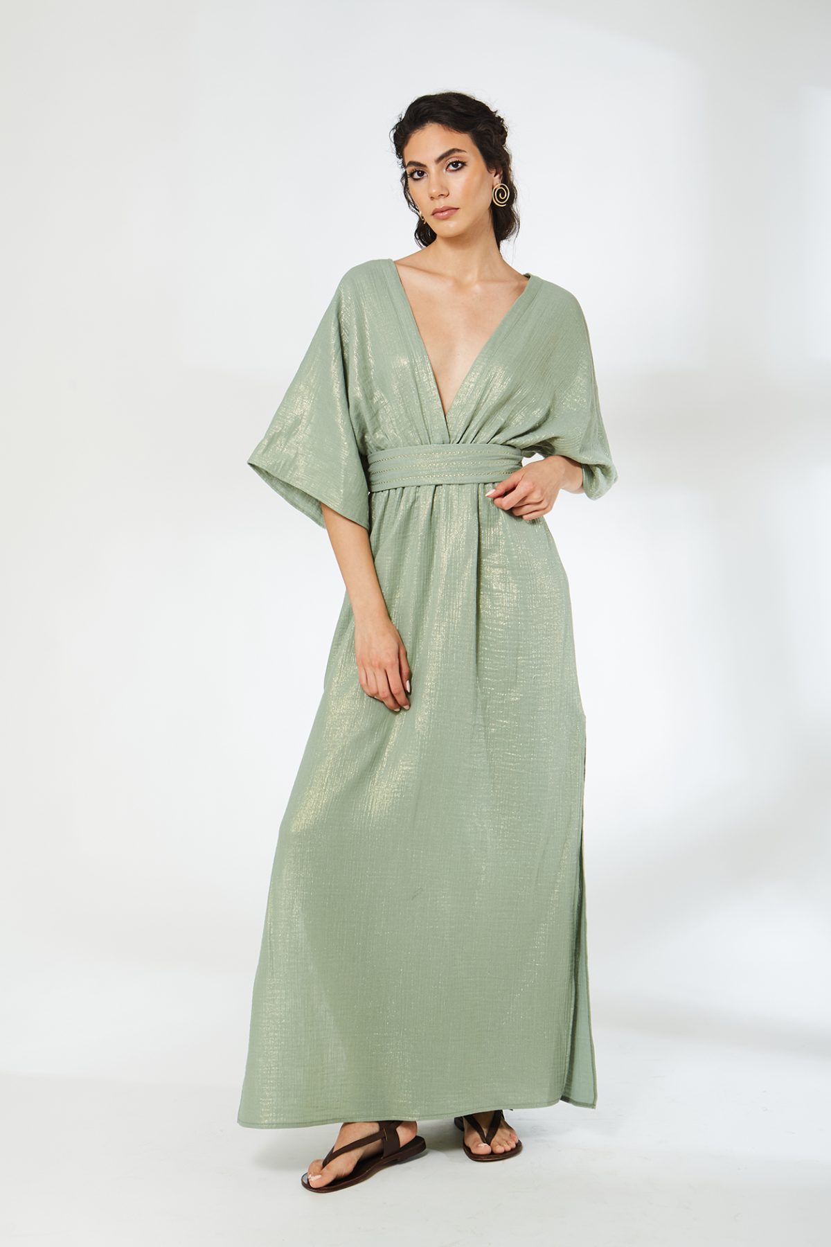 Yarasa Kol Müslin Yeşil Elbise - BE OZ - Görsel 1