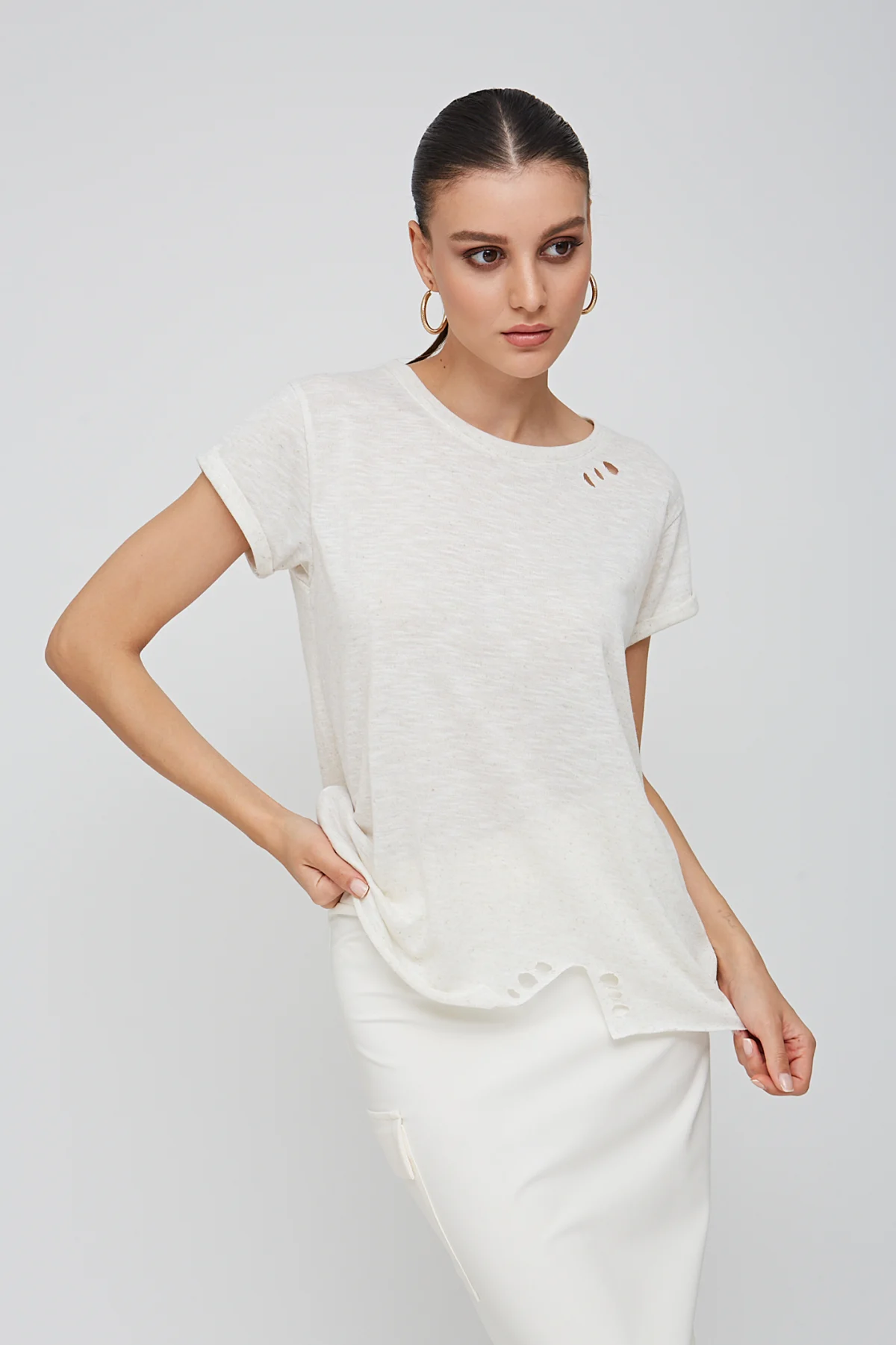 Kesikli Kısa Kol Haki Basic T-shirt - BE OZ - Görsel 4