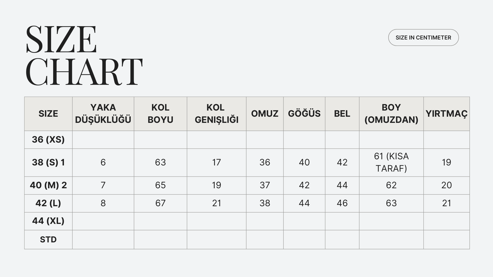 Rita Beyaz Gömlek - BE OZ 1 Rita Gomlek Size Chart