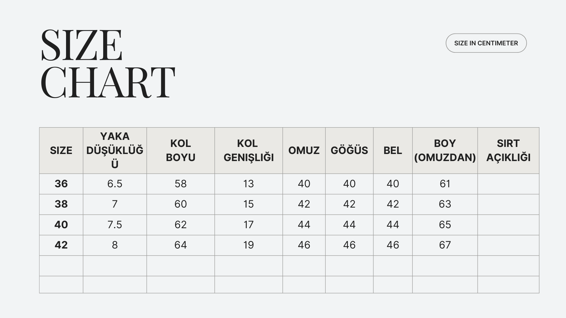 Viyana Ceket Size Chart