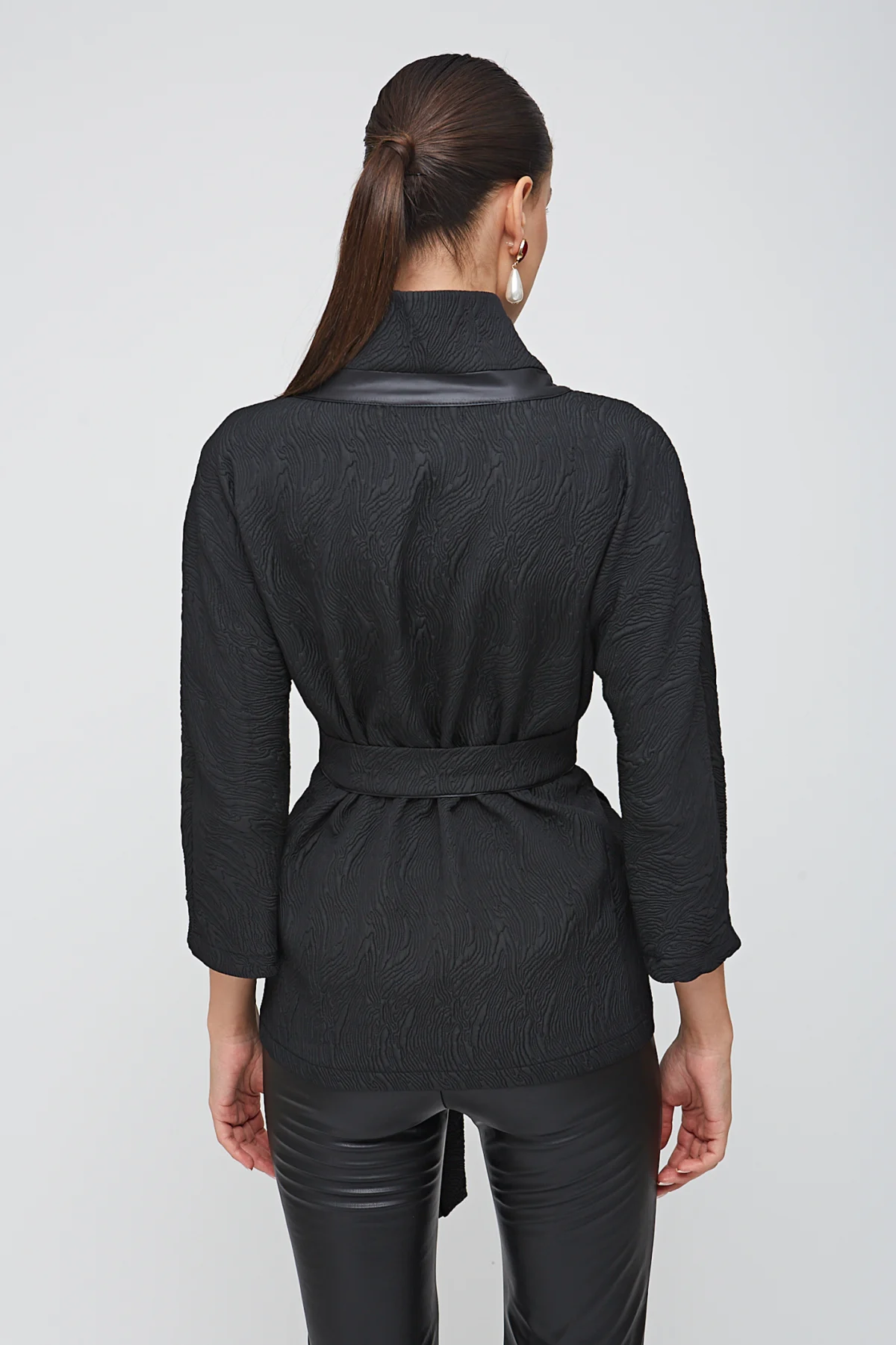 Deri Biyeli Siyah Brokar Ceket- BE OZ - Görsel 10