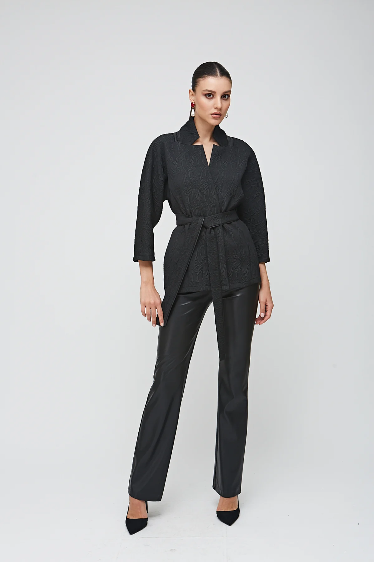 Deri Biyeli Siyah Brokar Ceket- BE OZ - Görsel 9