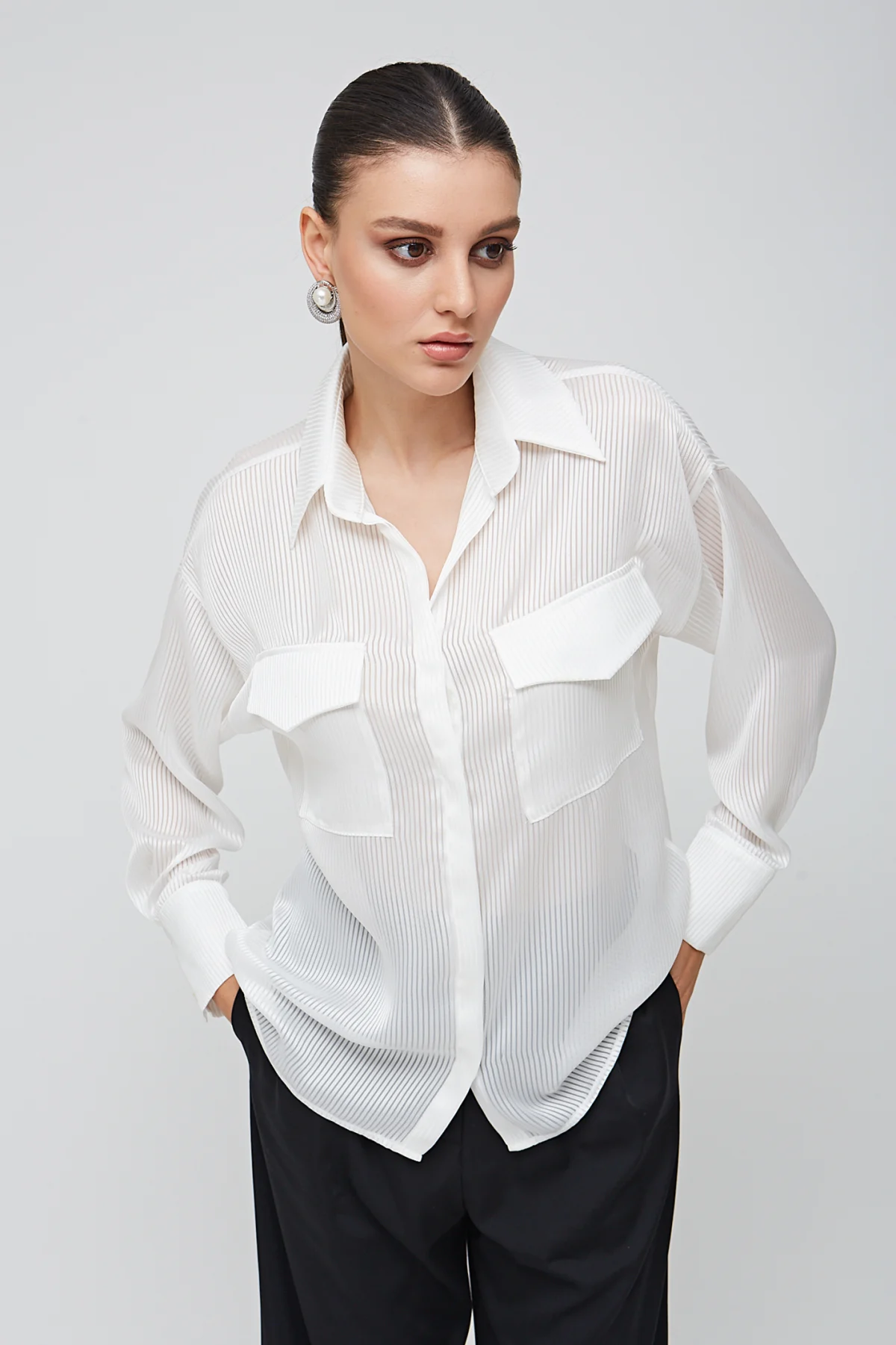 Cepli Şifon Beyaz Gömlek - BE OZ - Görsel 4