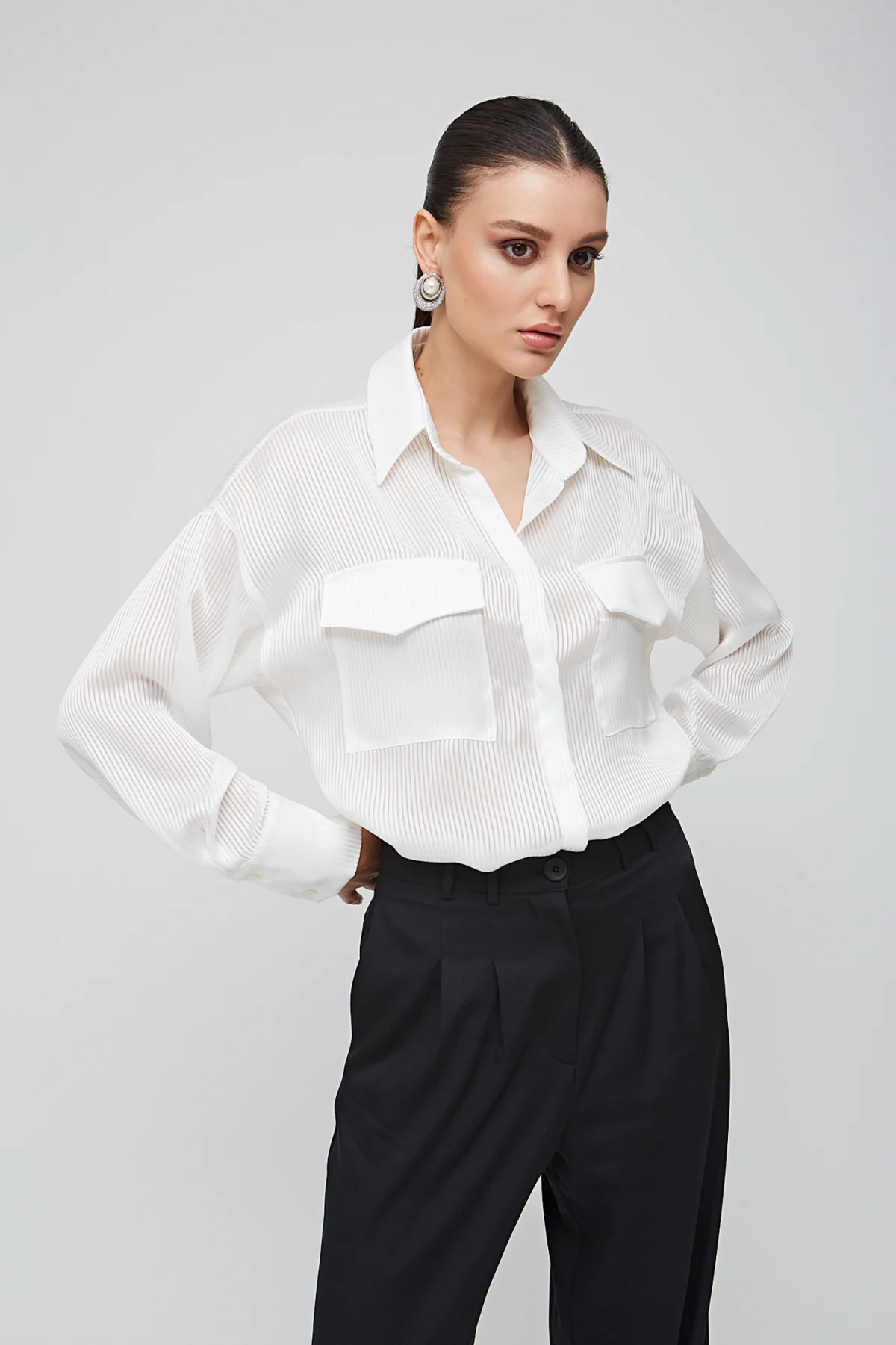 Cepli Şifon Beyaz Gömlek - BE OZ - Görsel 1