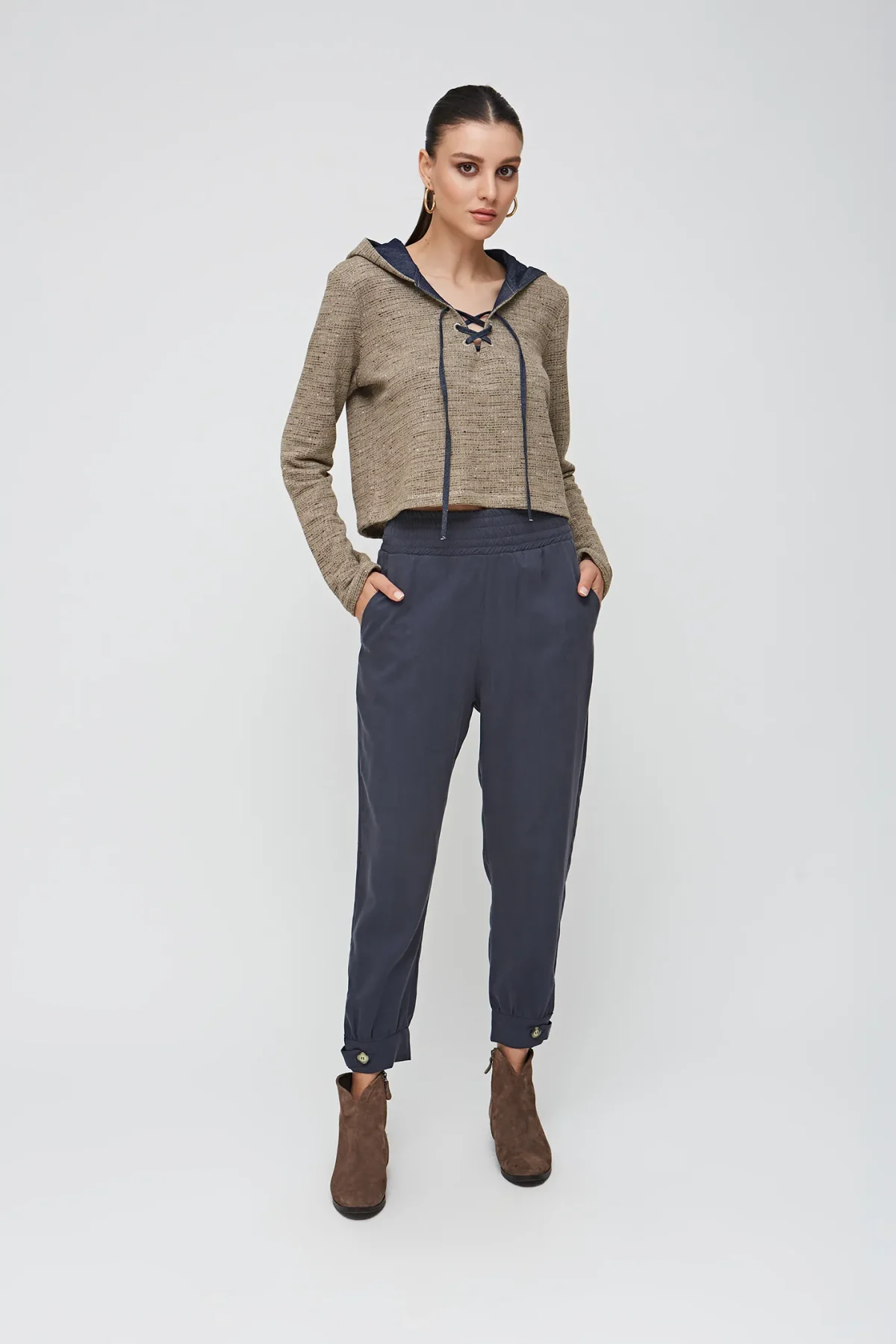 Denim Kapüşonlu Vizon Bluz - BE OZ - Görsel 3