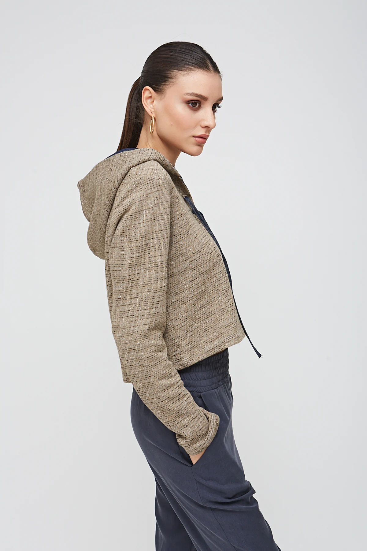 Denim Kapüşonlu Vizon Bluz - BE OZ - Görsel 5