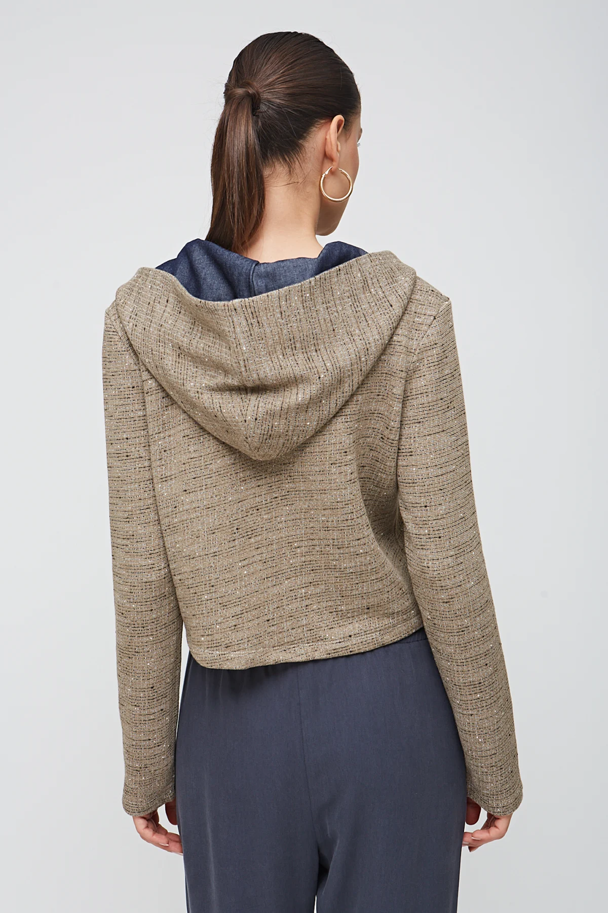 Denim Kapüşonlu Vizon Bluz - BE OZ - Görsel 2