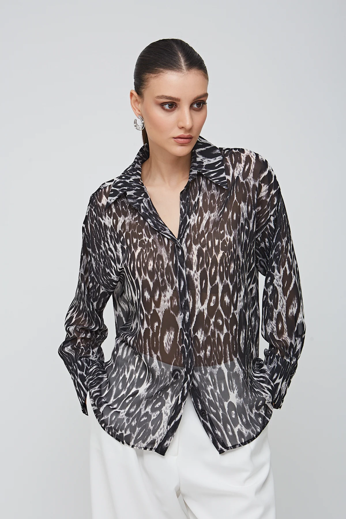 Gri Leopar Desenli Gömlek - BE OZ - Görsel 1